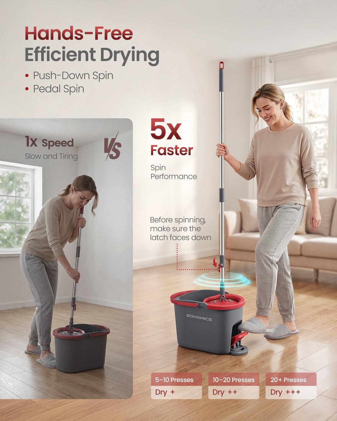 Spin Mop and Bucket Set with Pedal Wringer - Gray, Red