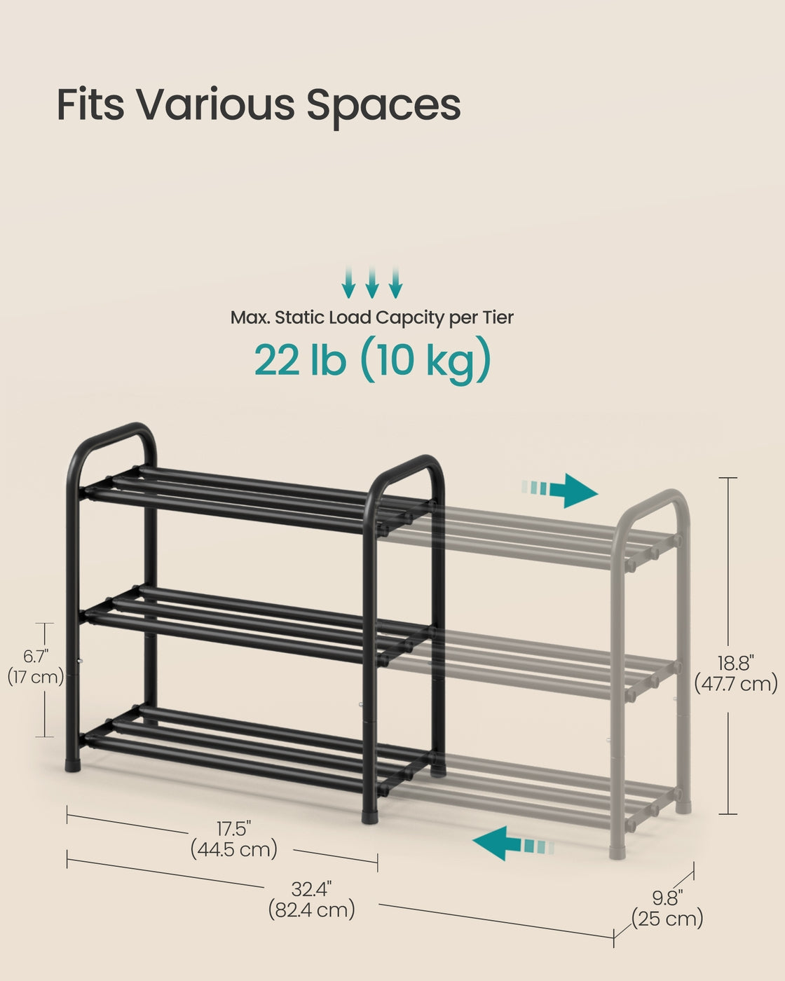 Expandable Shoe Rack 3-Tier Adjustable Ink Black