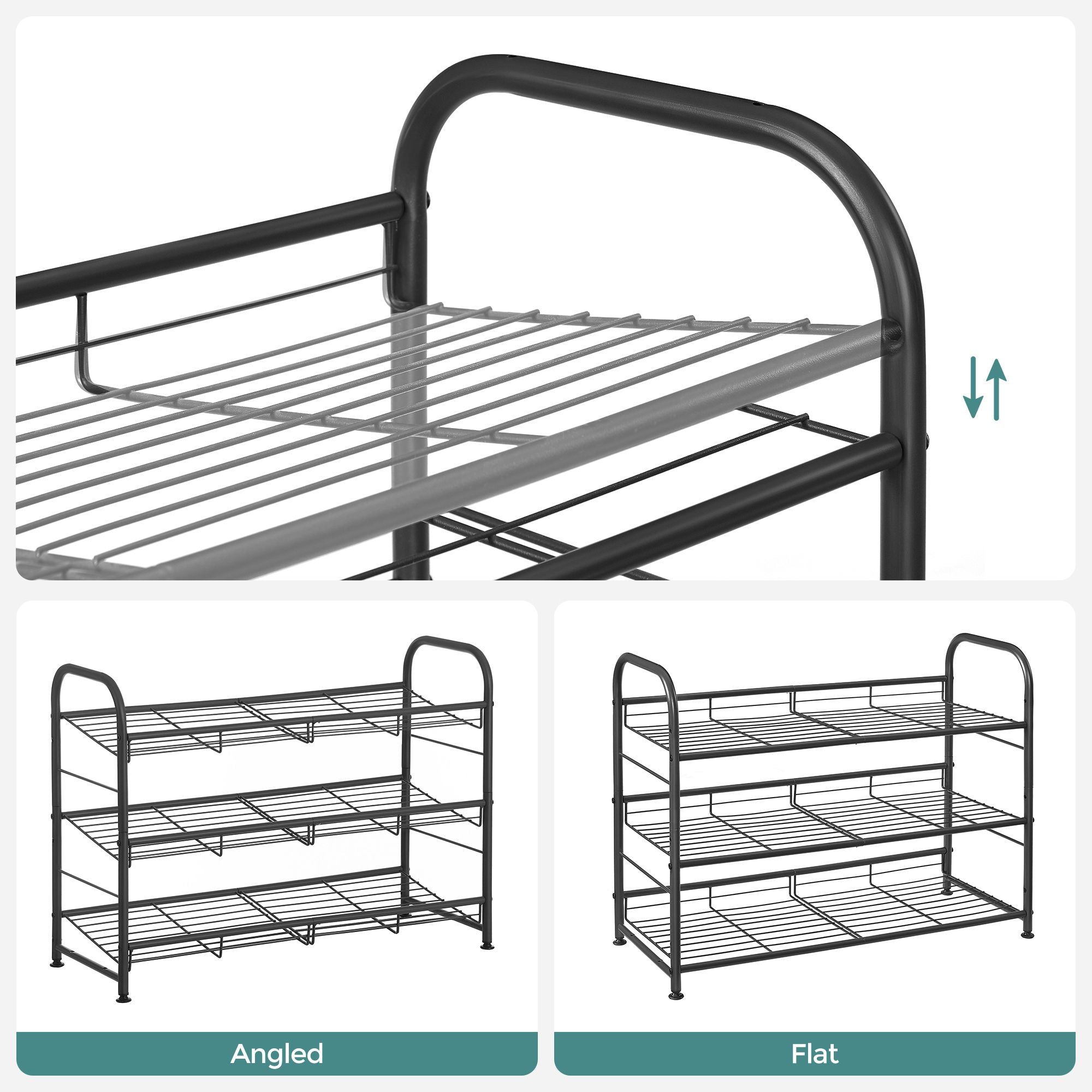Shoe Rack - 3 Tier Shoe Organizer for Closet - Holds Up to 12 Pairs of Shoes - Shoe Rack for Front Door Entrance - Metal Shoe Shelf with Adjustable Tilt Angle - for Entryway - Garage - Black