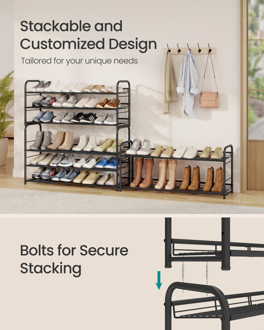 Shoe Rack - 4 Tier Shoe Organizer for Closet - Holds Up to 20 Pairs of Shoes - Shoe Rack for Front Door Entrance - Metal Shoe Shelf with Adjustable Tilt Angle - for Entryway - Garage - Black