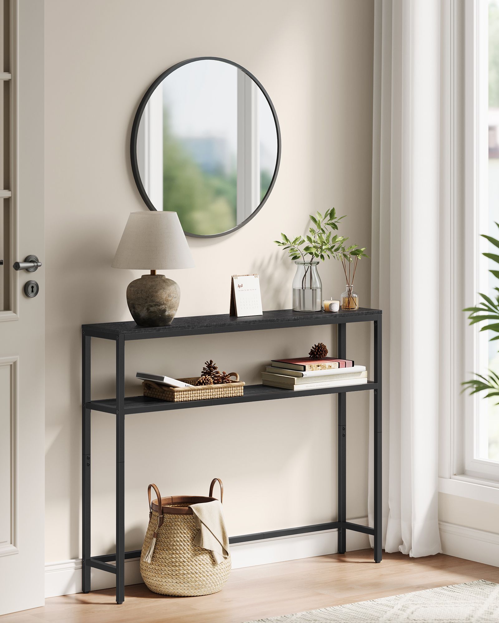 2-Tier Console Table with 2 Shelves - Charcoal Gray, Ink Black