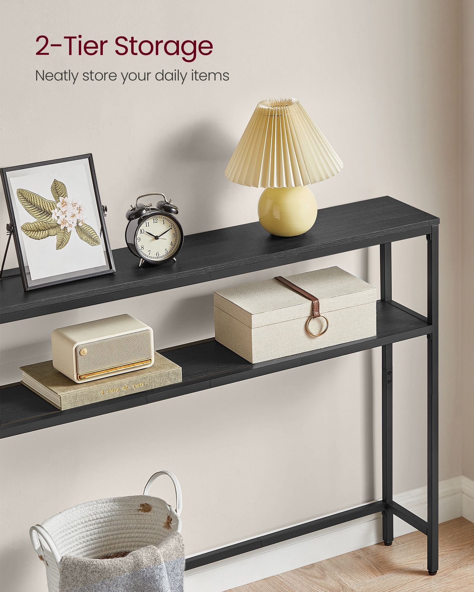 2-Tier Console Table with 2 Shelves - Charcoal Gray, Ink Black