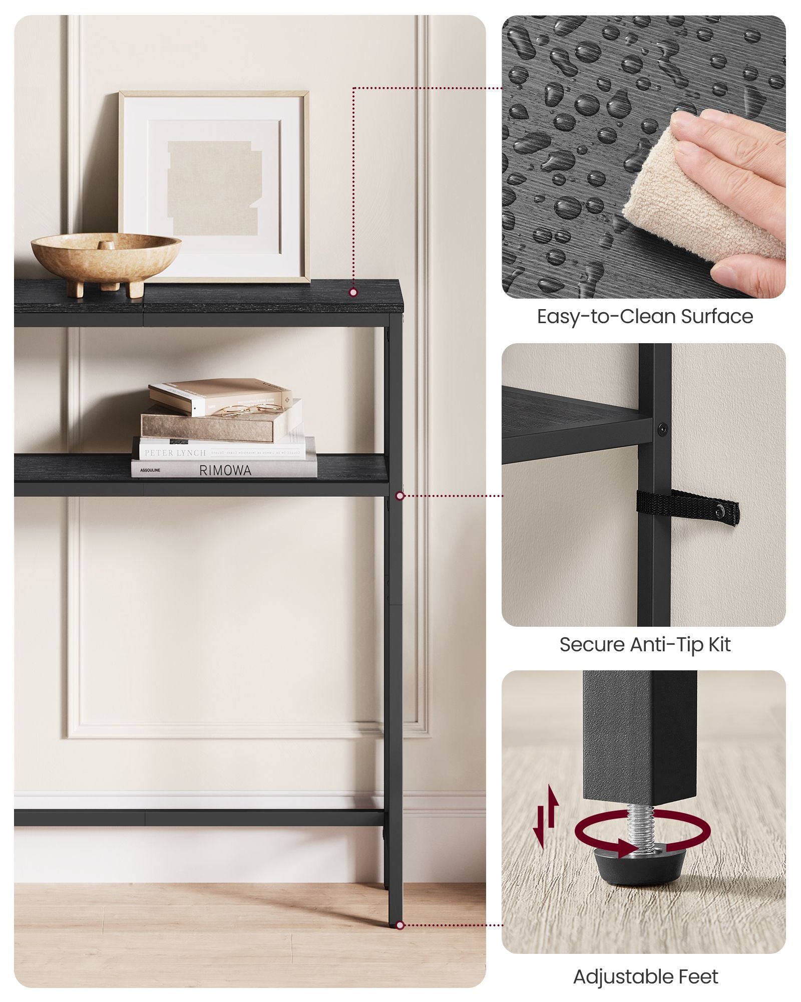 2-Tier Console Table with 2 Shelves - Charcoal Gray, Ink Black