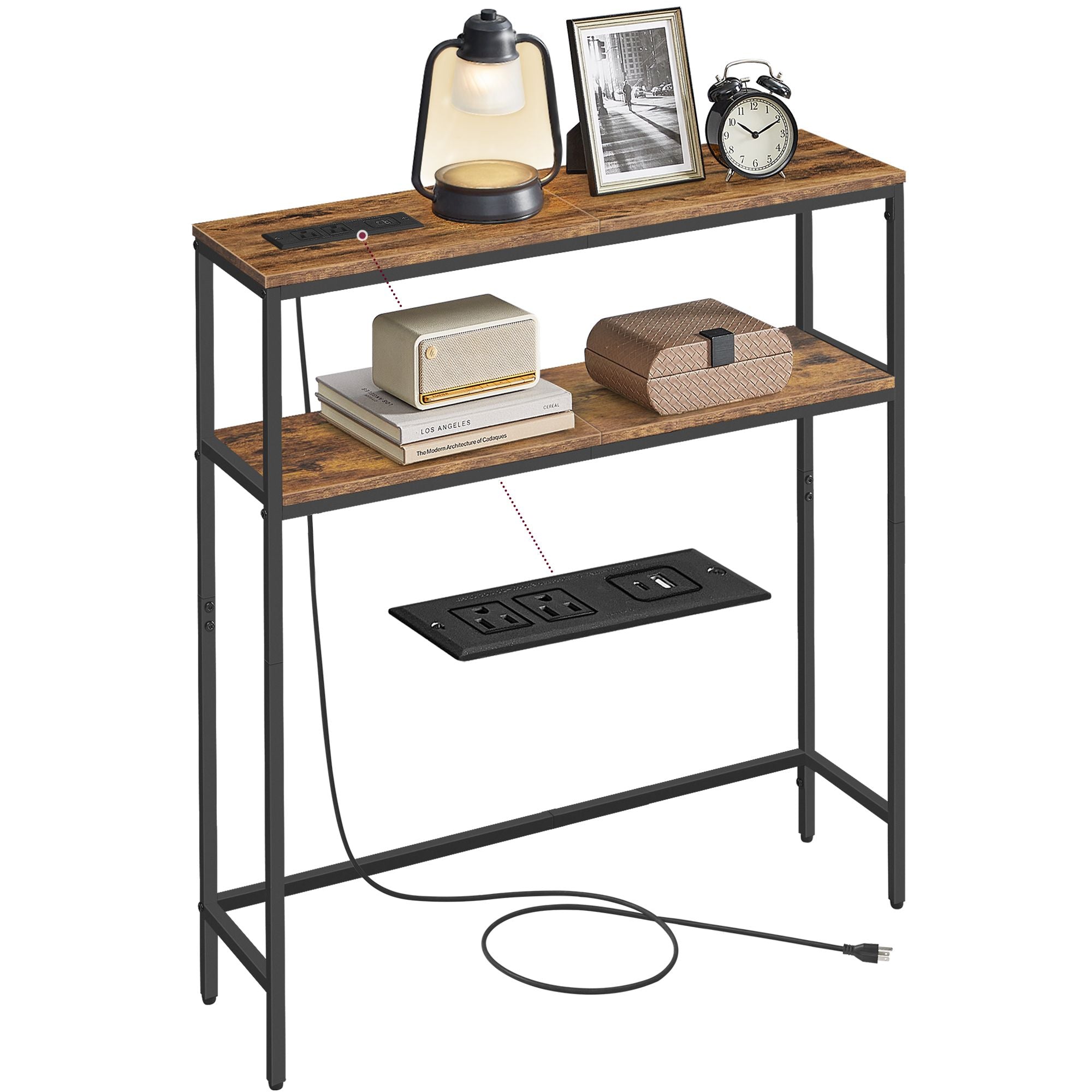 Console Table with Power Outlet - 2-Tier Narrow Sofa Table with 2 Shelves - Rustic Brown - Small