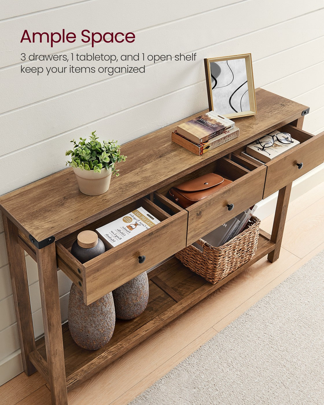 Console Table - 3 Drawers and Open Shelf - Metal Corners