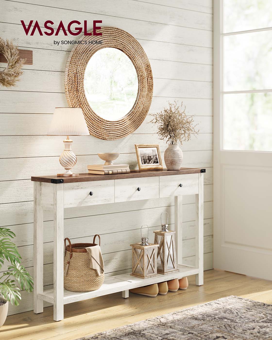Console Table with Drawers and Open Shelf - Honey Brown, Rustic White