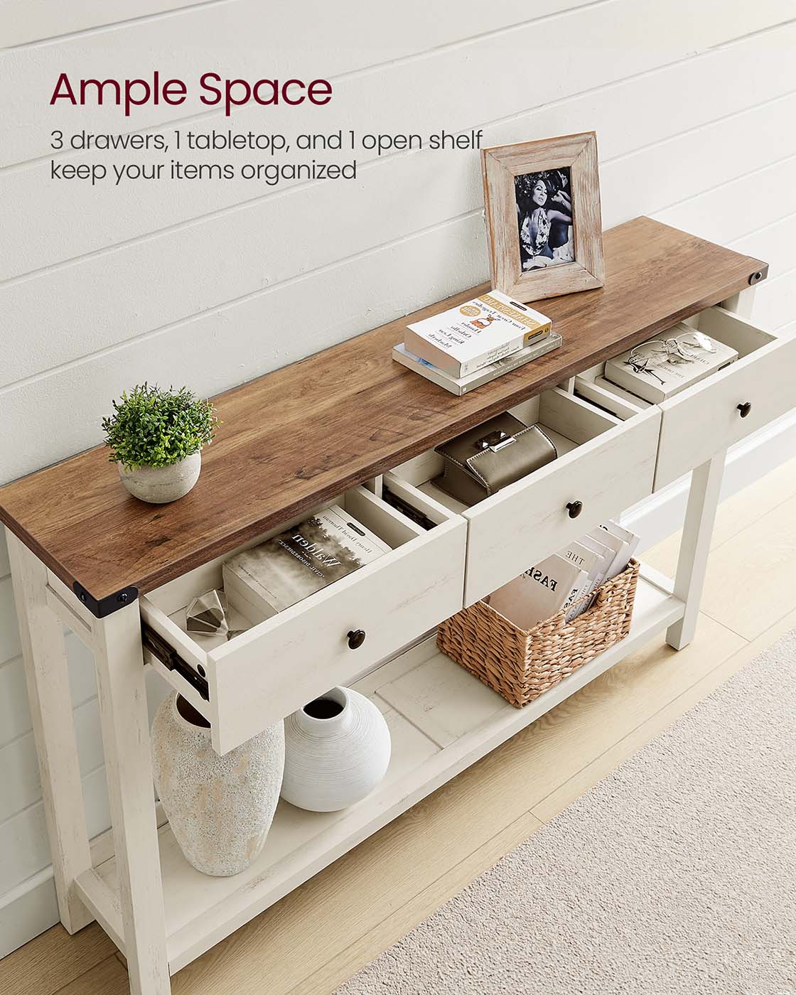 Console Table with Drawers and Open Shelf - Honey Brown, Rustic White