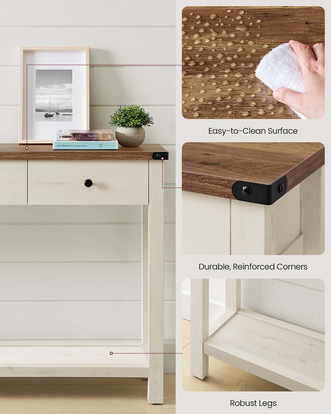 Console Table with Drawers and Open Shelf - Honey Brown, Rustic White