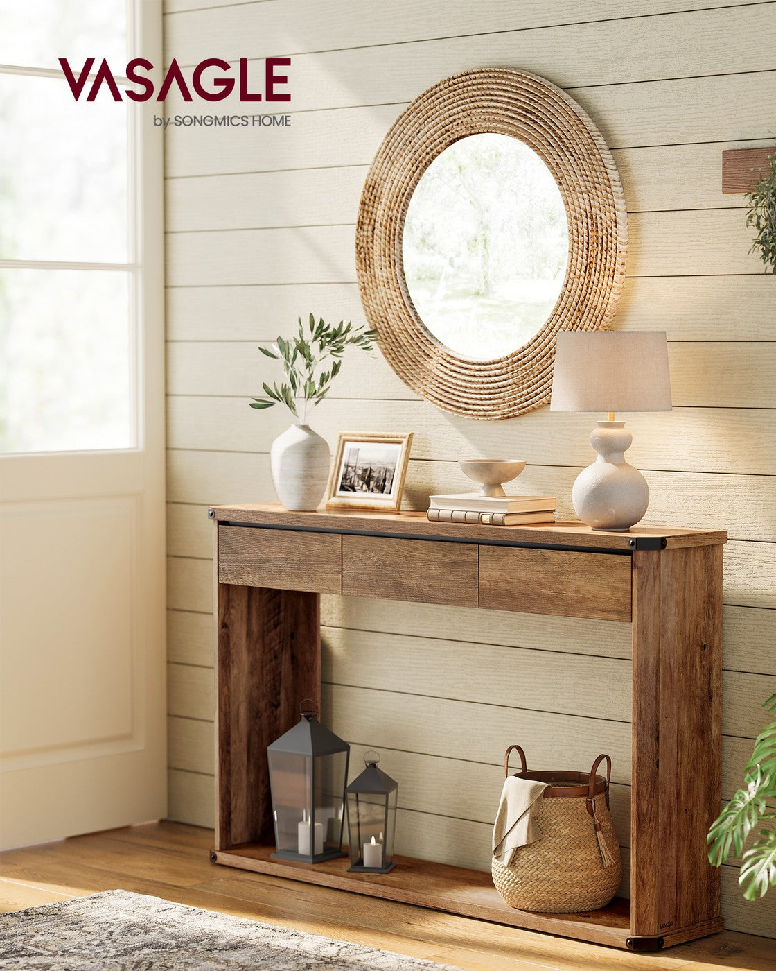 Narrow Console Table with Drawers and Bottom Shelf - Honey Brown
