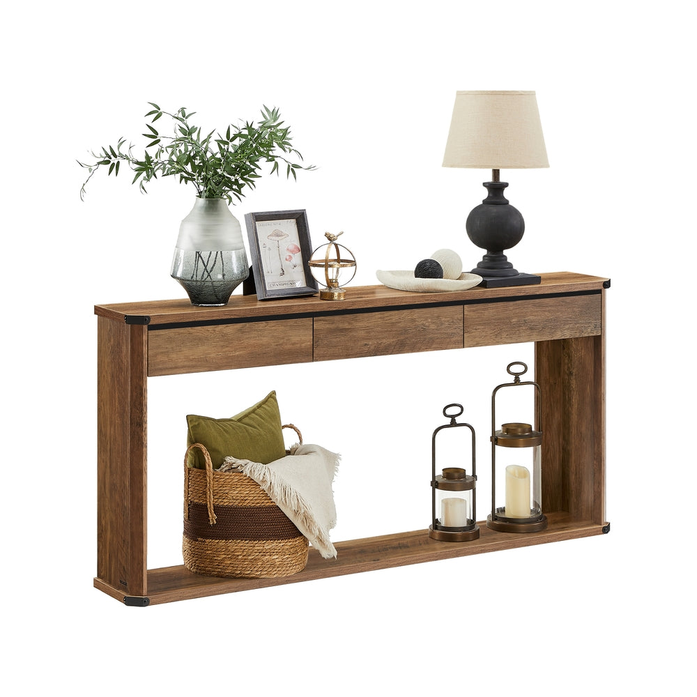 Narrow Console Table with Drawers and Bottom Shelf - Honey Brown - 9.4"D x 63"W x 29.9"H