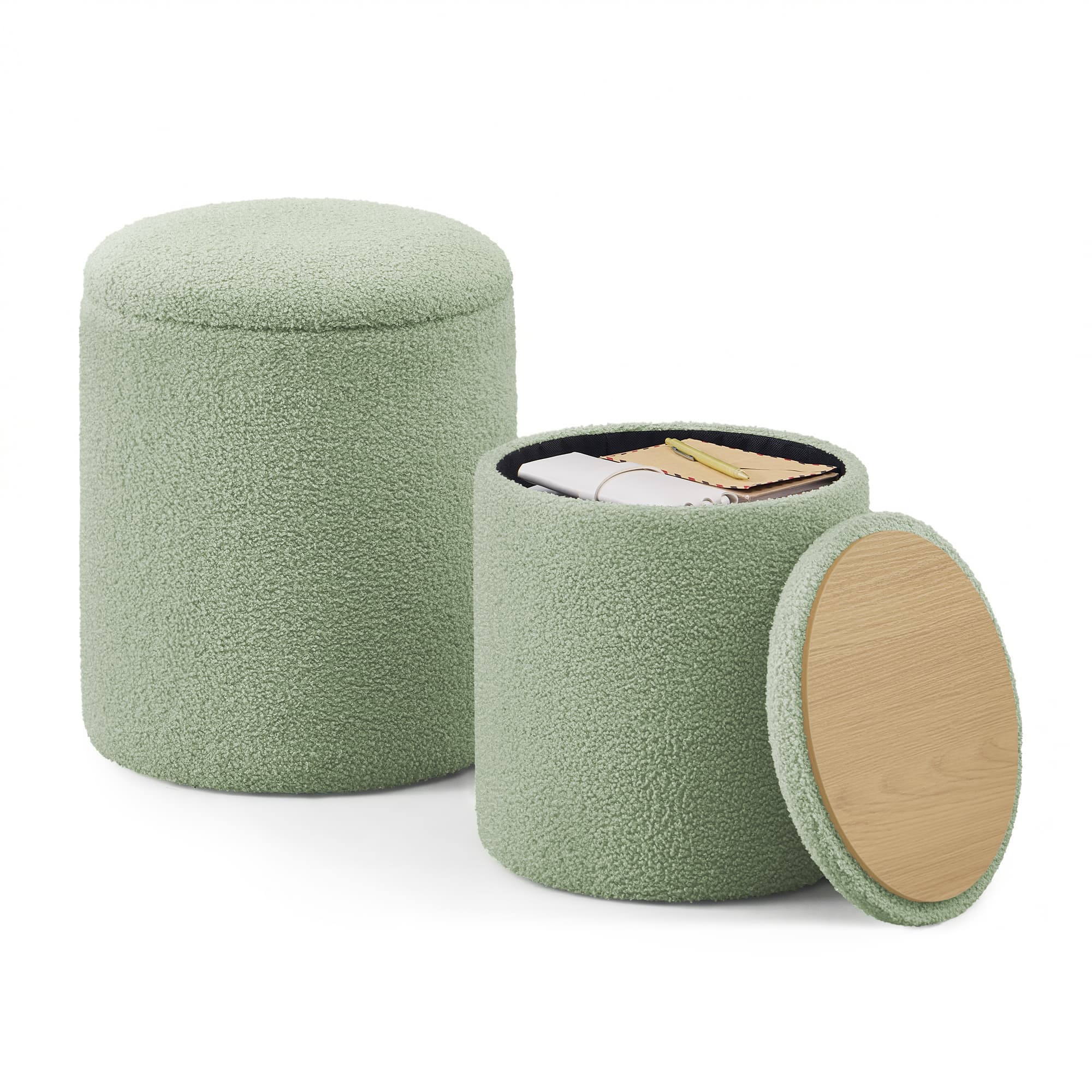 Set Of 2 Round Storage Stools - Green