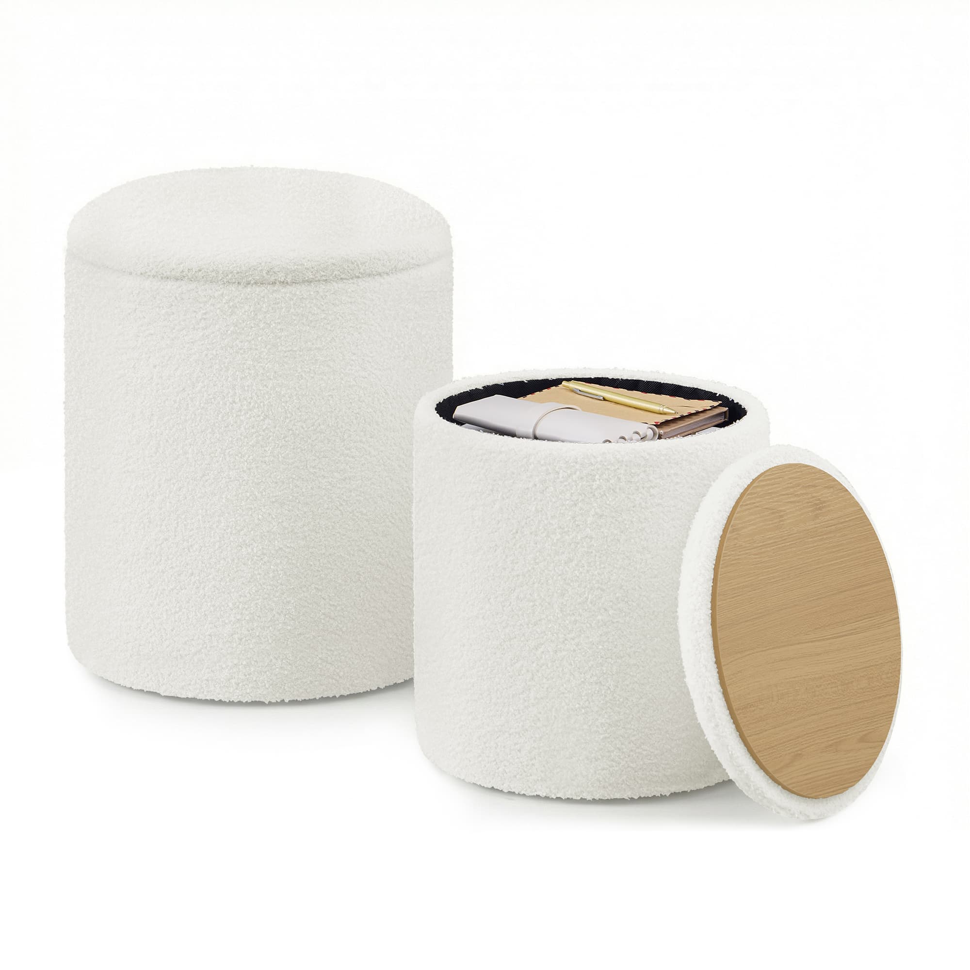 Set Of 2 Round Storage Stools - White