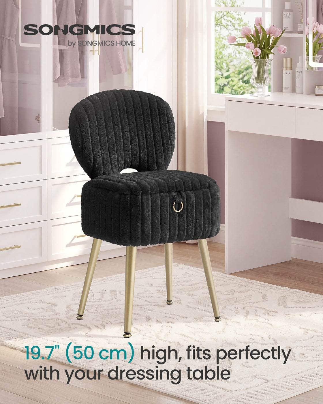 Small Vanity Chair with Storage and Folding Back - Ink Black