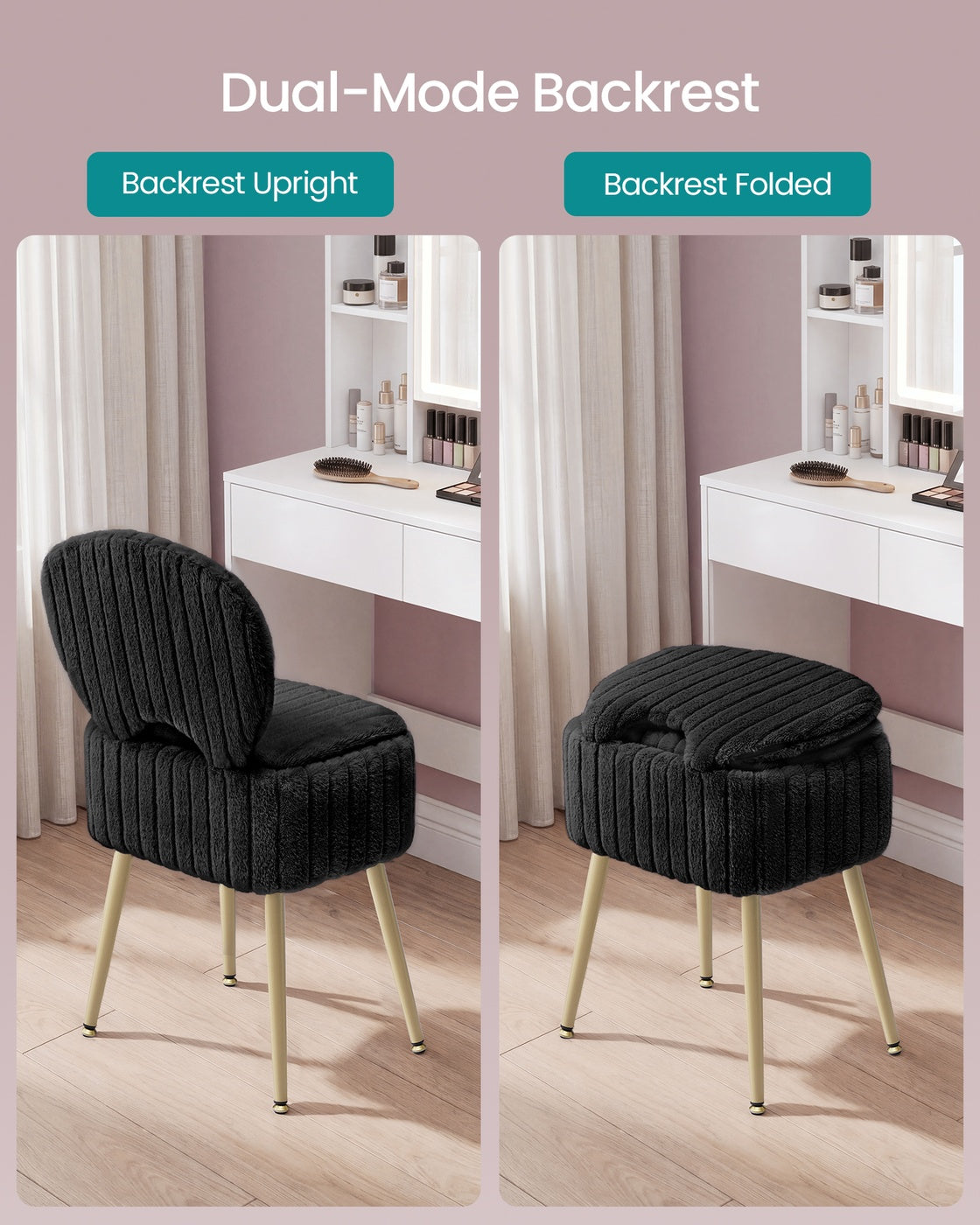 Small Vanity Chair with Storage and Folding Back - Ink Black