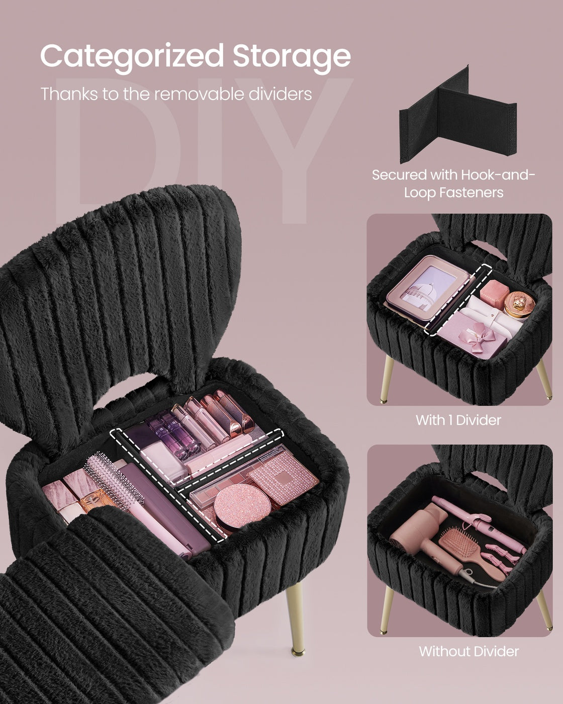 Small Vanity Chair with Storage and Folding Back - Ink Black