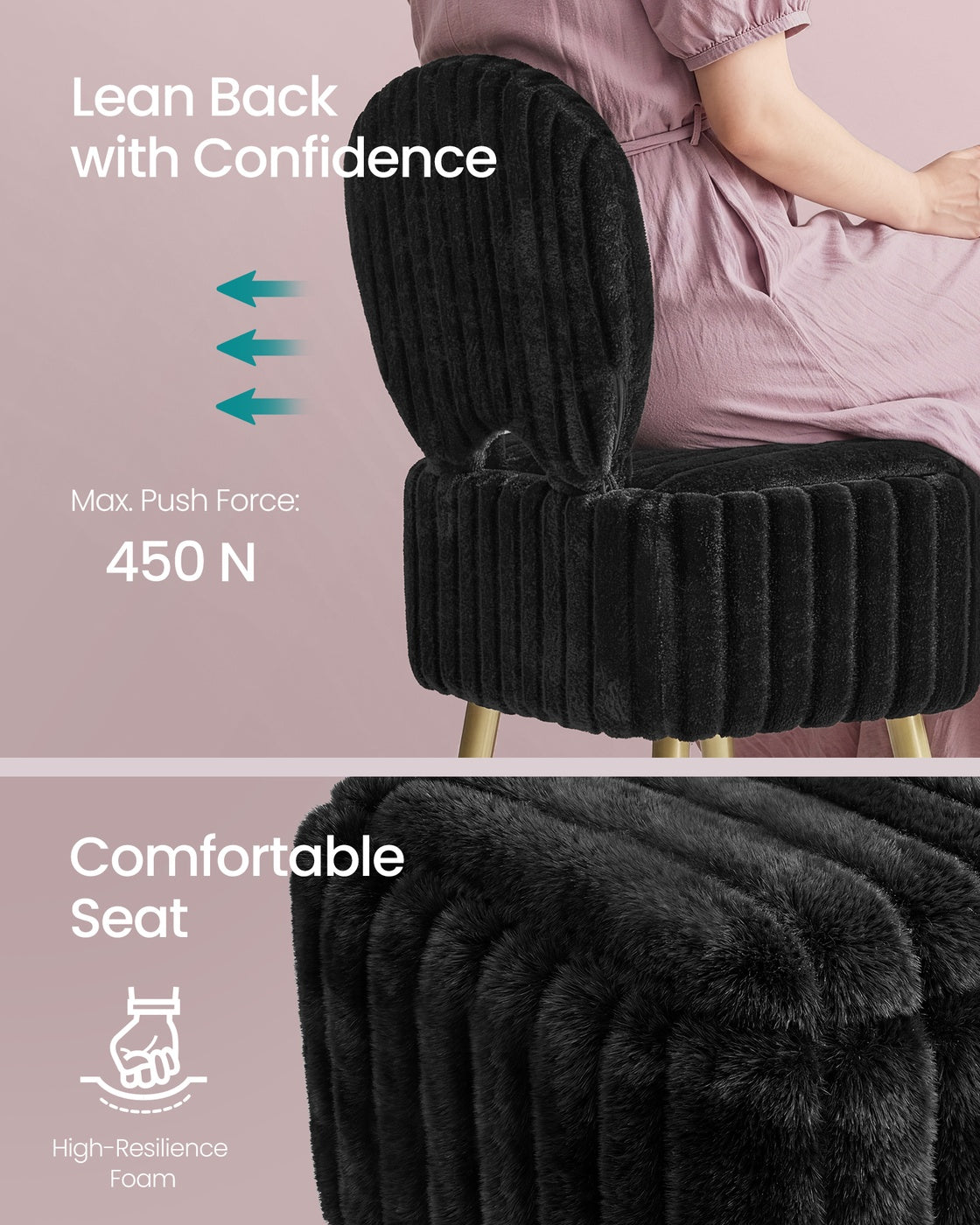 Small Vanity Chair with Storage and Folding Back - Ink Black