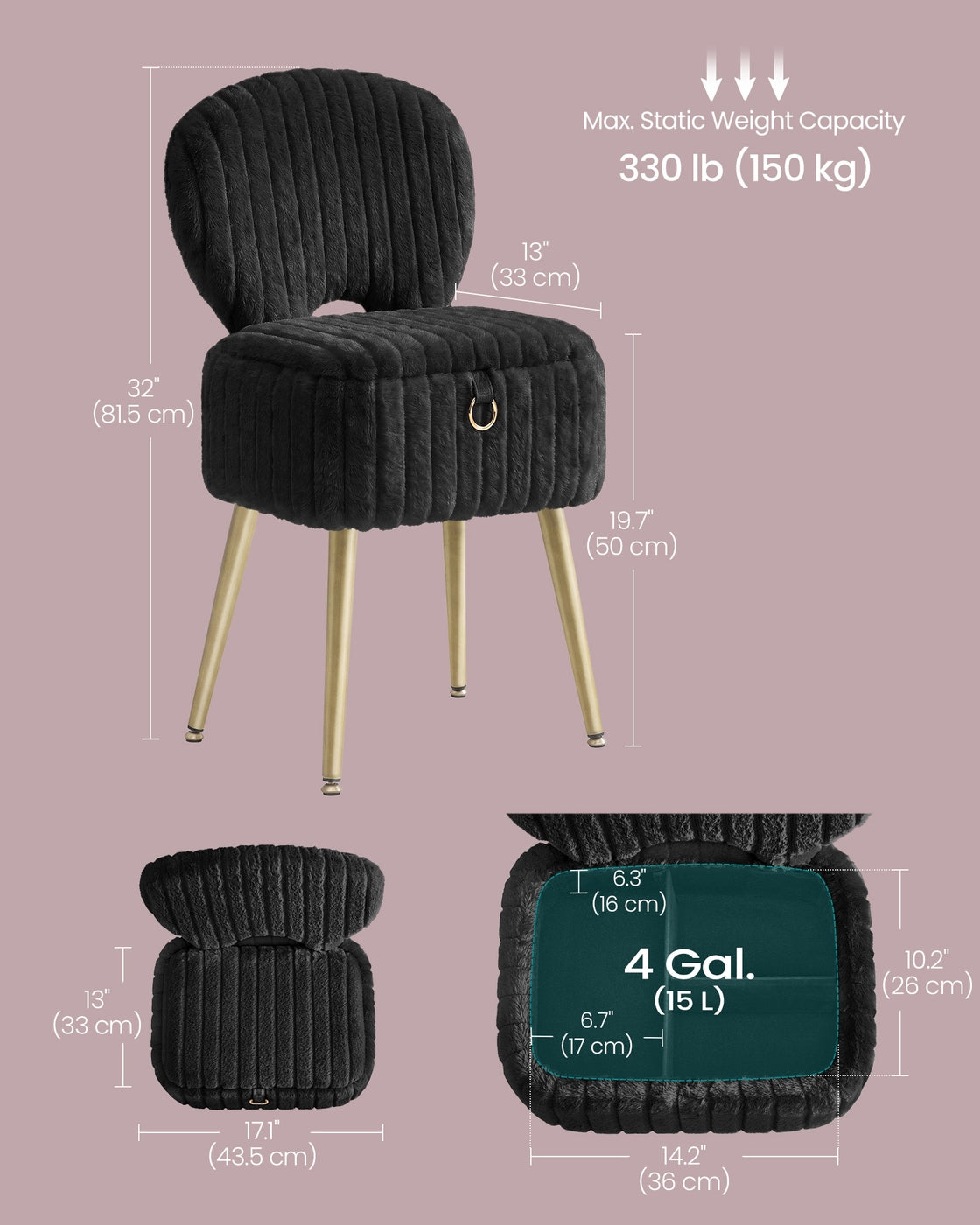 Small Vanity Chair with Storage and Folding Back - Ink Black