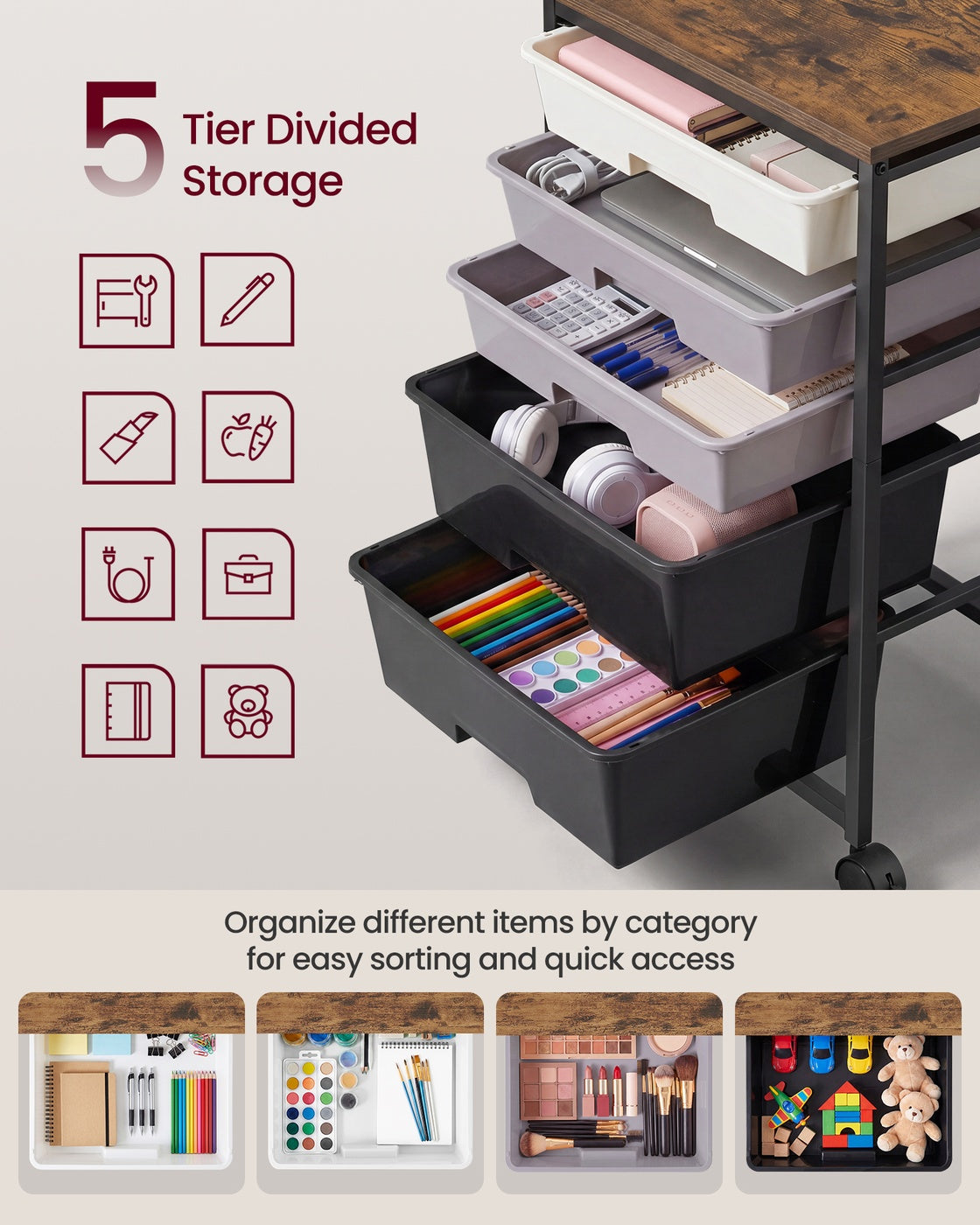 Rolling Storage Cart - 5-Drawer
