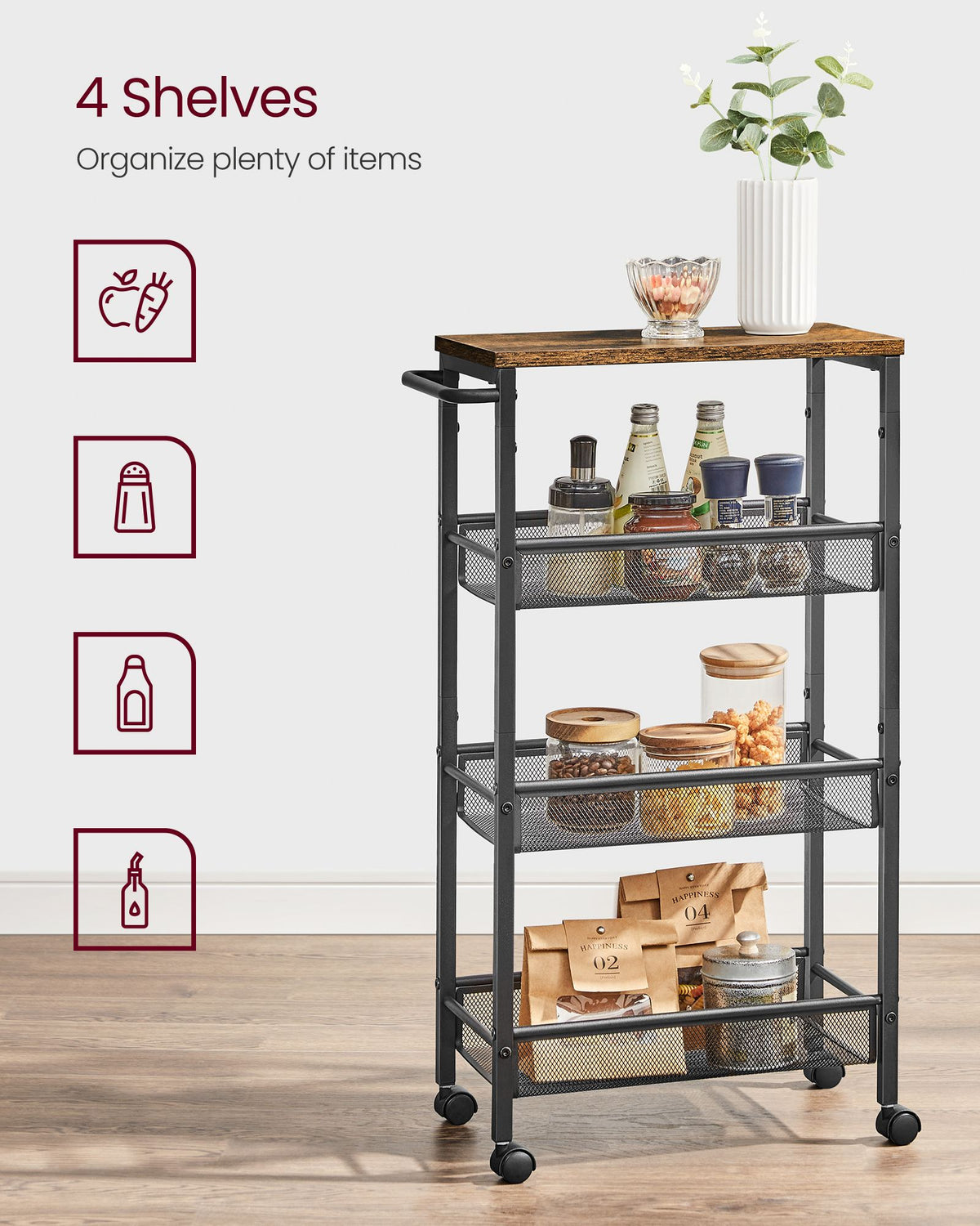 Rolling Storage Cart - 4-Tier - Slim Metal Frame