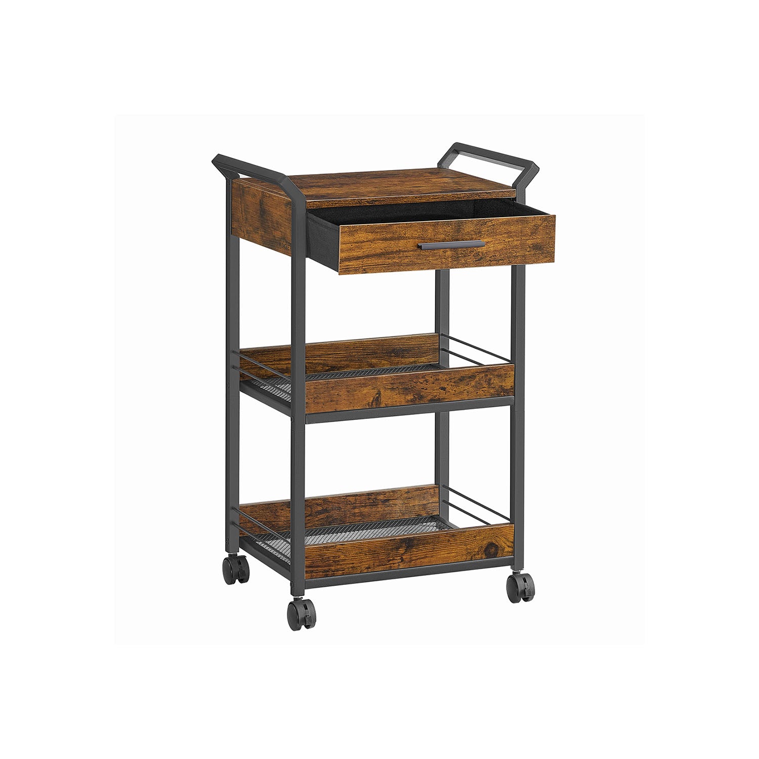 Storage Cart - 3-Tier Rolling - Rustic Brown and Black - Rustic Brown, Ink Black