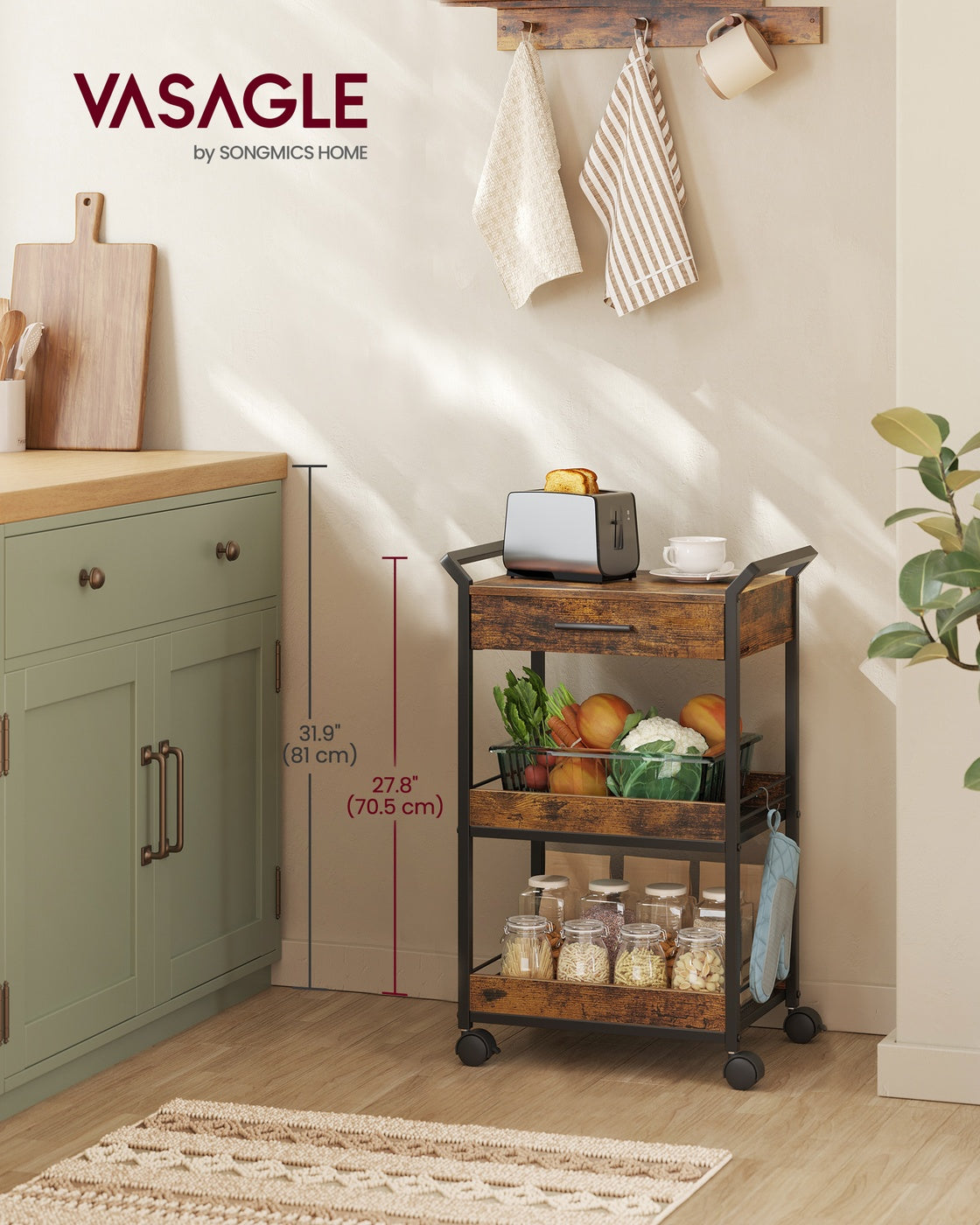 Storage Cart - 3-Tier Rolling - Rustic Brown and Black - Rustic Brown, Ink Black