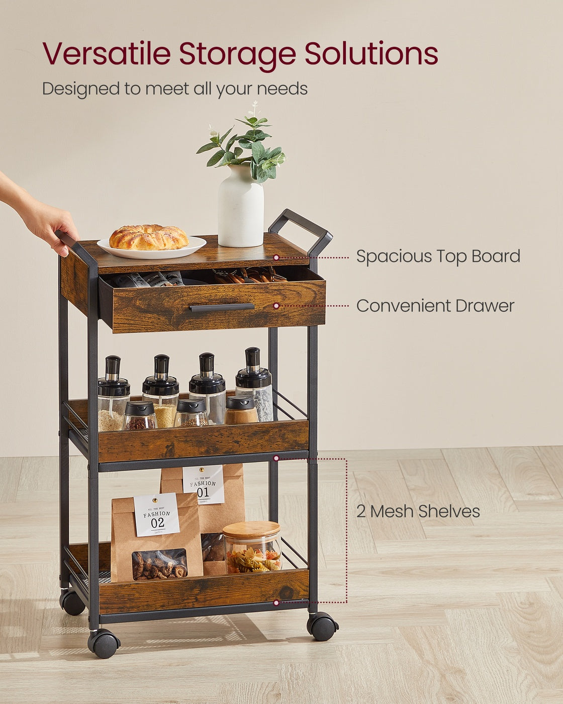 Storage Cart - 3-Tier Rolling - Rustic Brown and Black - Rustic Brown, Ink Black