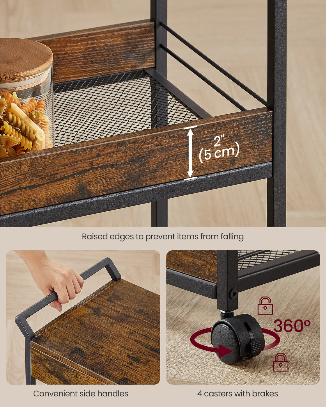 Storage Cart - 3-Tier Rolling - Rustic Brown and Black - Rustic Brown, Ink Black