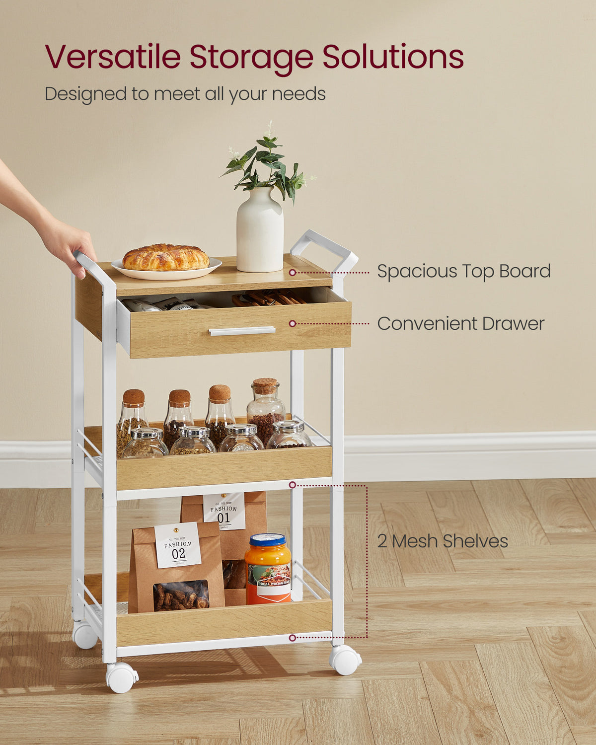 Storage Cart - 3-Tier Rolling - Top Drawer - Mesh Shelves