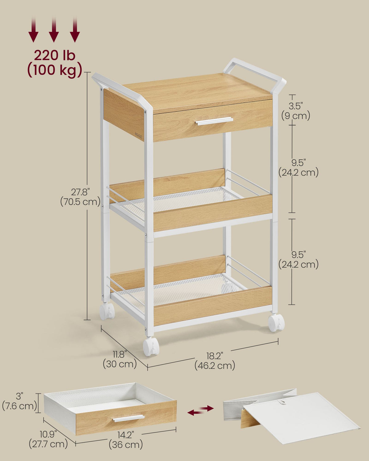 Storage Cart - 3-Tier Rolling - Top Drawer - Mesh Shelves