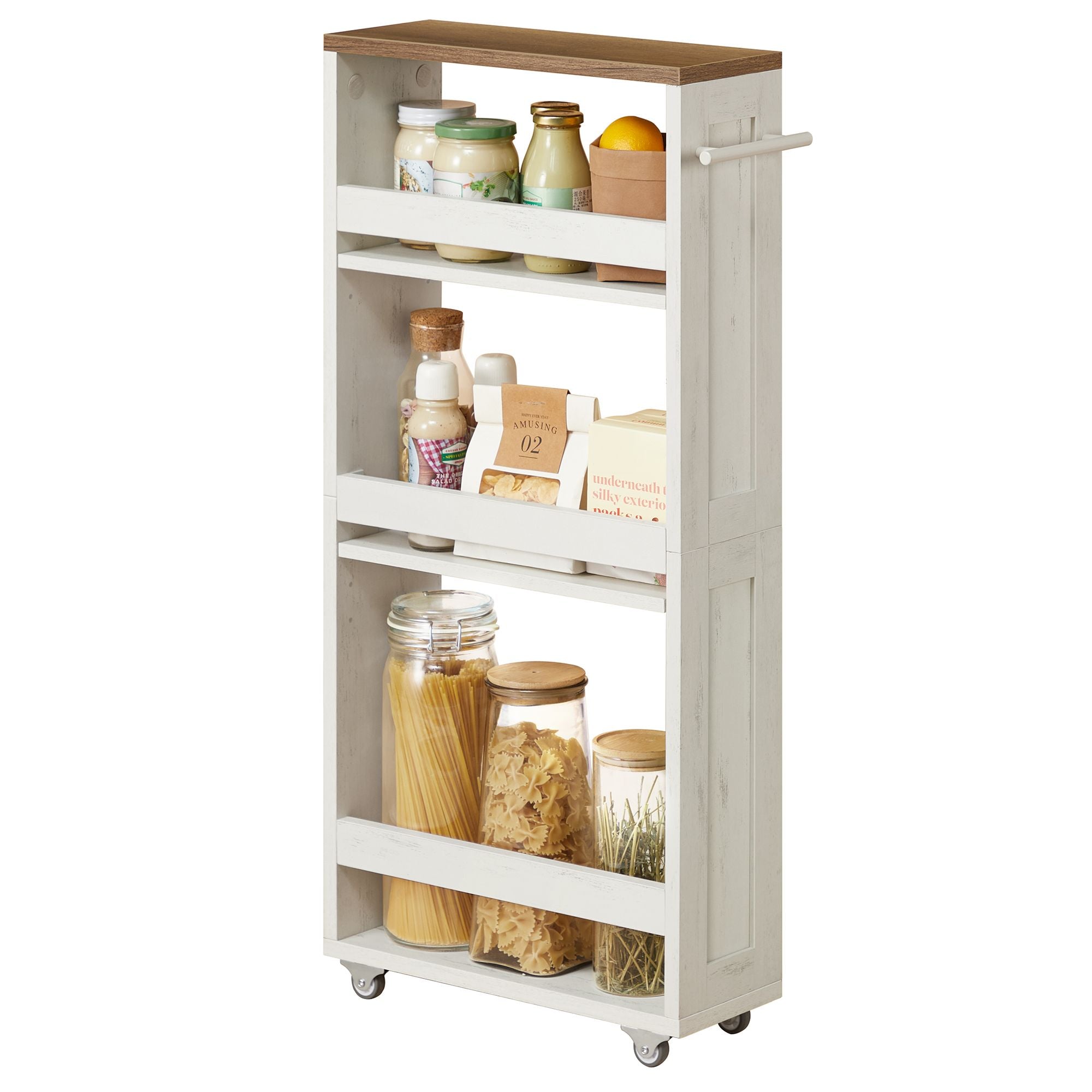 4-Tier Slide-Out Storage Cart - Slim Kitchen Cart for Small Spaces - White, Rustic Brown
