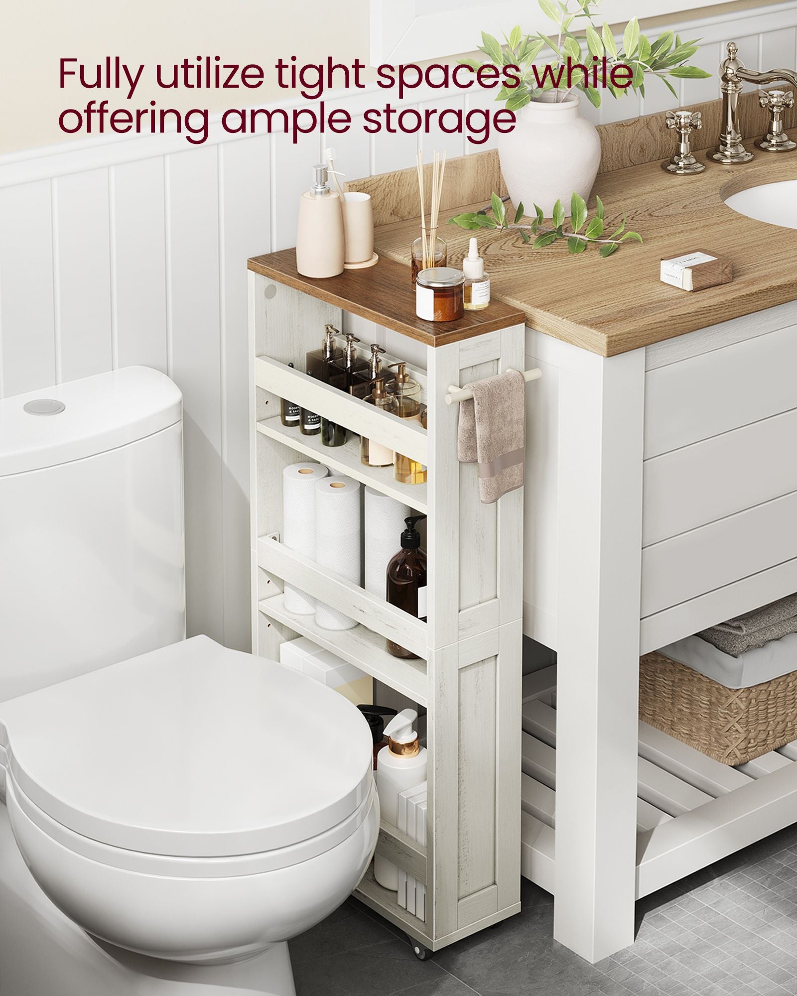 4-Tier Slide-Out Storage Cart - Slim Kitchen Cart for Small Spaces - White, Rustic Brown