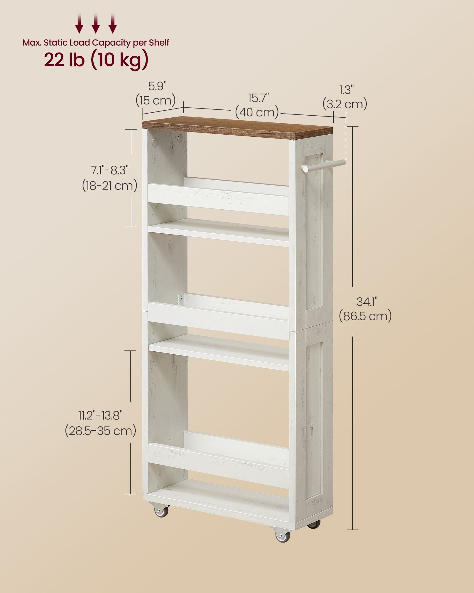 4-Tier Slide-Out Storage Cart - Slim Kitchen Cart for Small Spaces - White, Rustic Brown