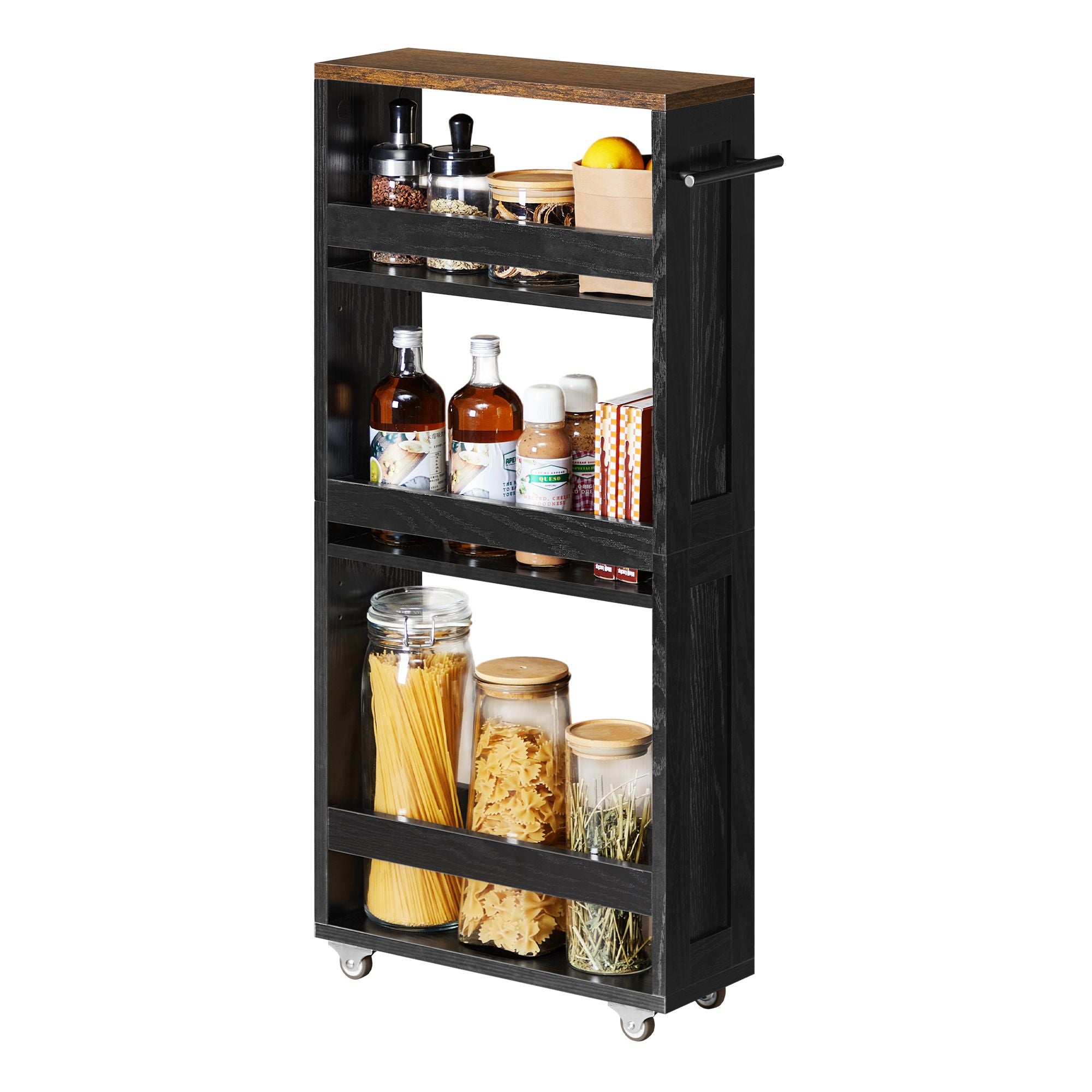 4-Tier Slide-Out Storage Cart - Slim Kitchen Cart for Small Spaces - Black, Rustic Brown