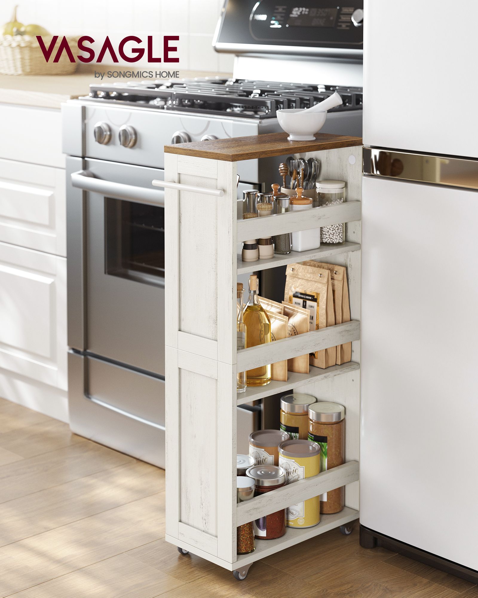 4-Tier Slide-Out Storage Cart - Slim Kitchen Cart for Small Spaces - White