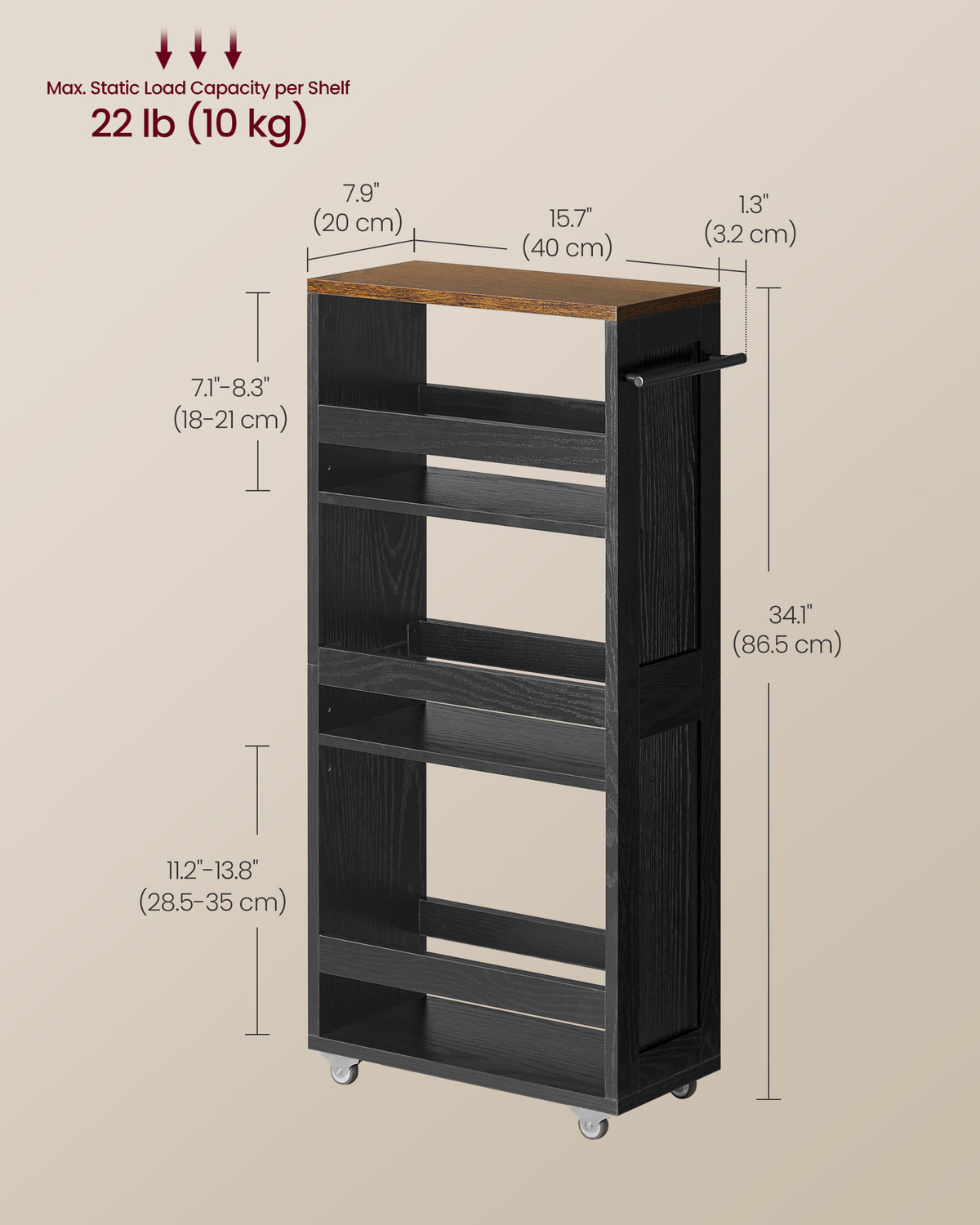 Kitchen Cart - 4-Tier Slide-Out Storage - Slim Design - For Small Spaces