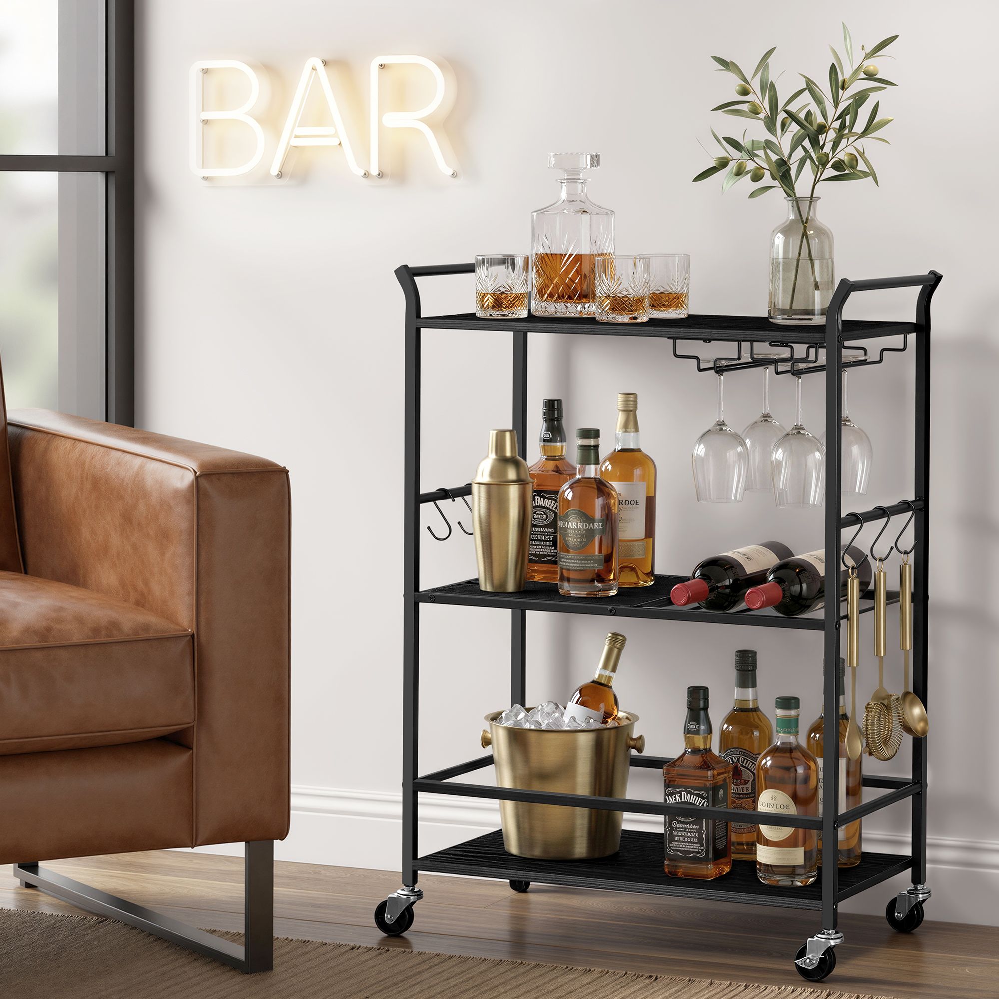 3-Tier Bar Cart - Black, Matte Black - 25.4 x 12.6 x 33.7 inch