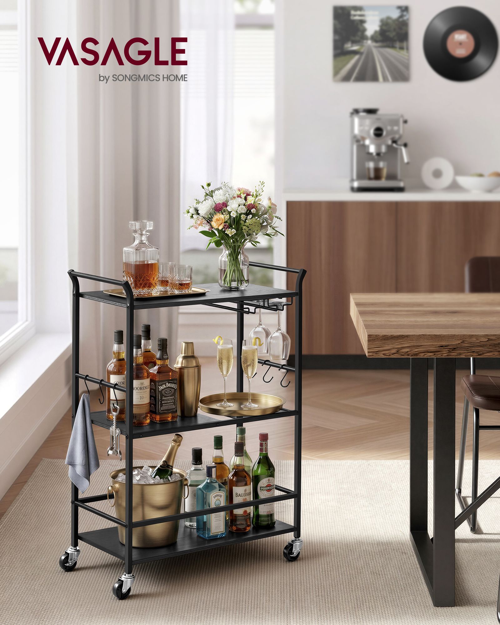 3-Tier Bar Cart - Black, Matte Black