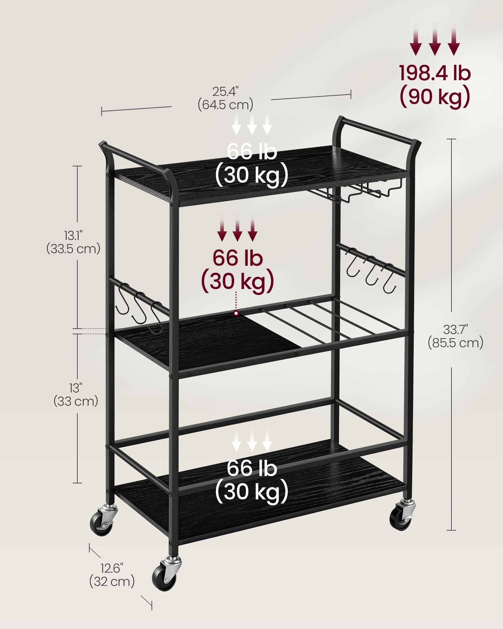 3-Tier Bar Cart - Black, Matte Black
