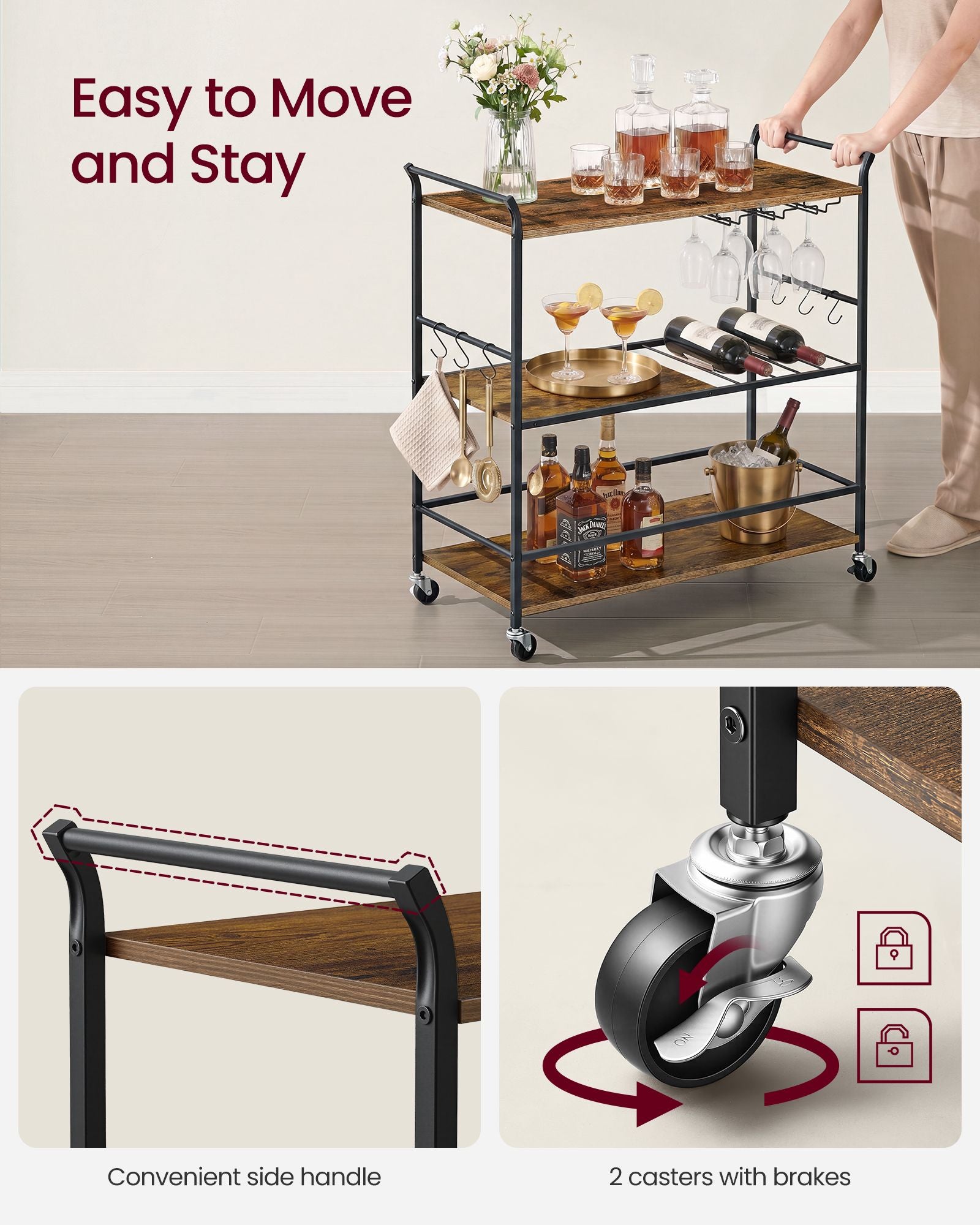 3-Tier Bar Cart - Rustic Brown, Matte Black - 33.3 x 15.7 x 33.7 inch