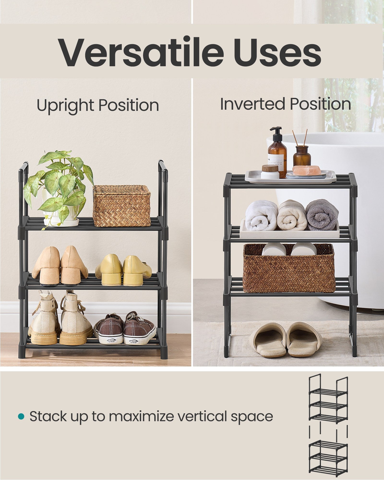 Shoe Rack - 3-Tier Shoe Organizer - Metal Storage Shelf - Black