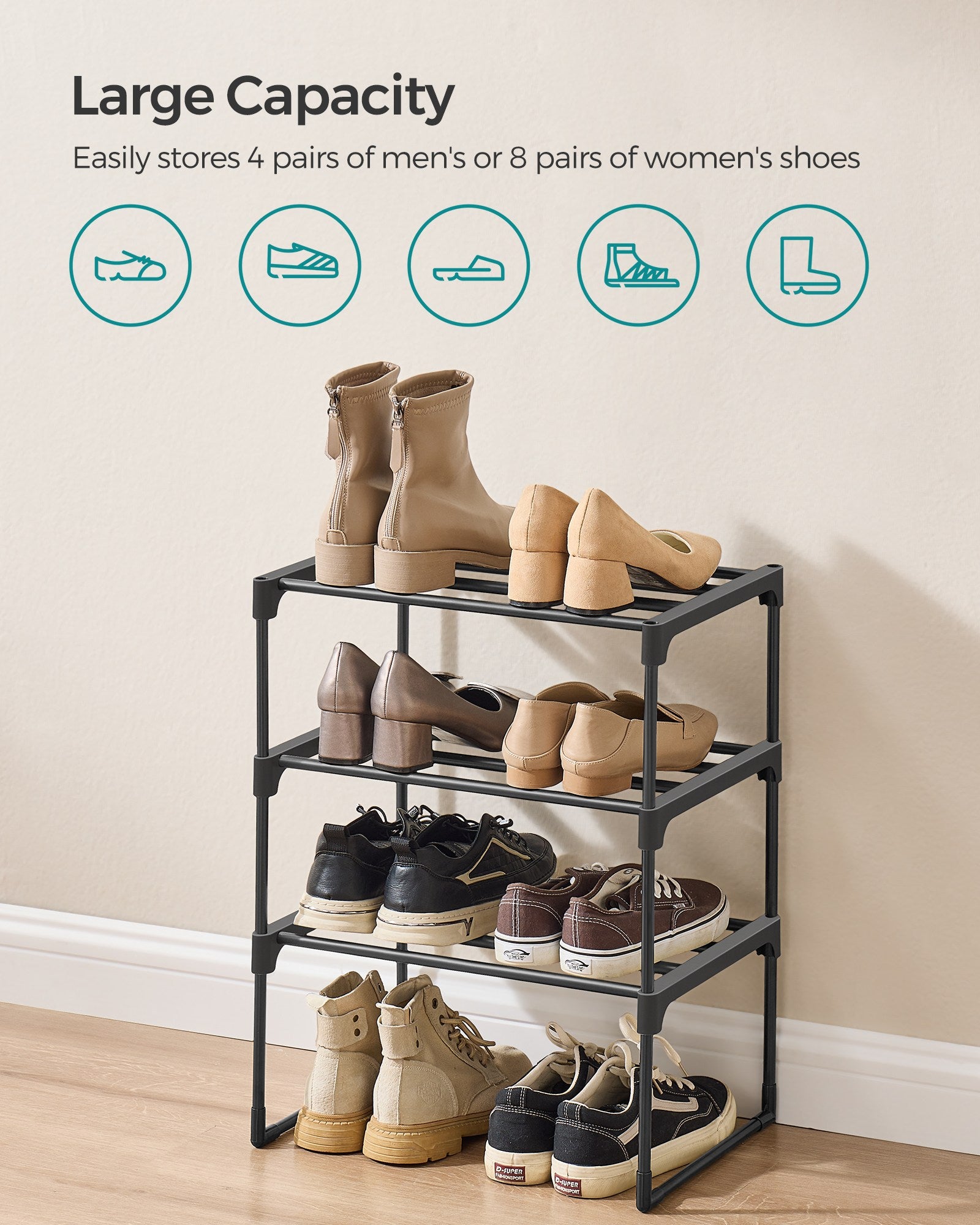 Shoe Rack - 3-Tier Shoe Organizer - Metal Storage Shelf - Black