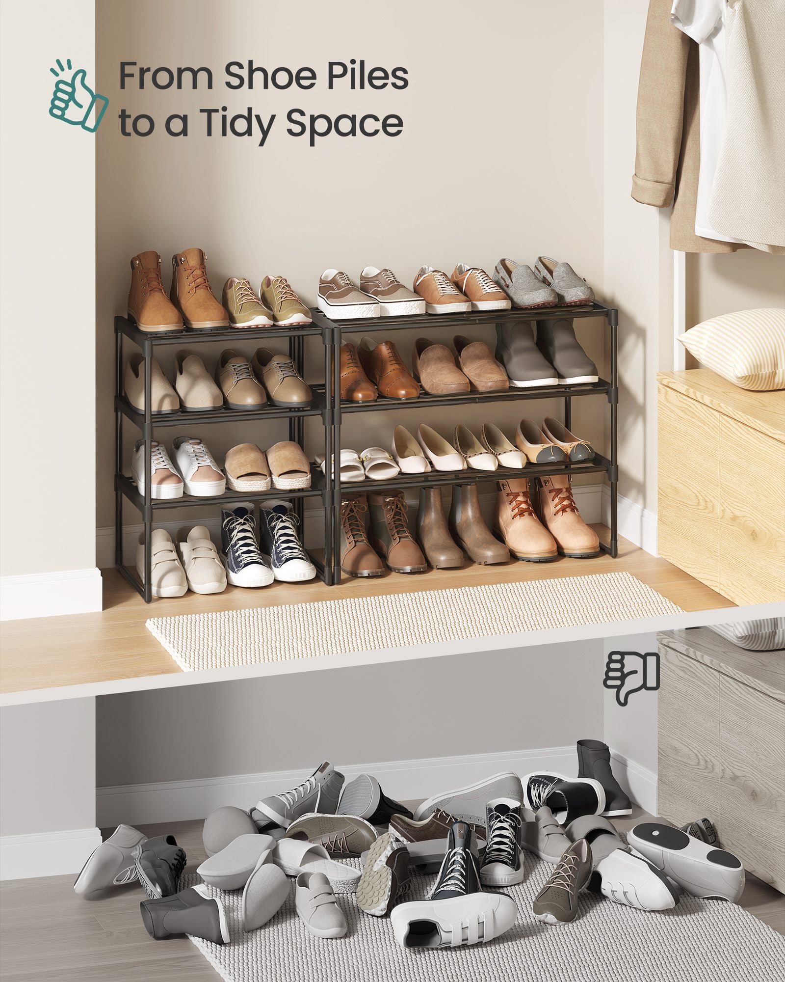 Shoe Rack - 3-Tier Shoe Organizer - Metal Storage Shelf - Black