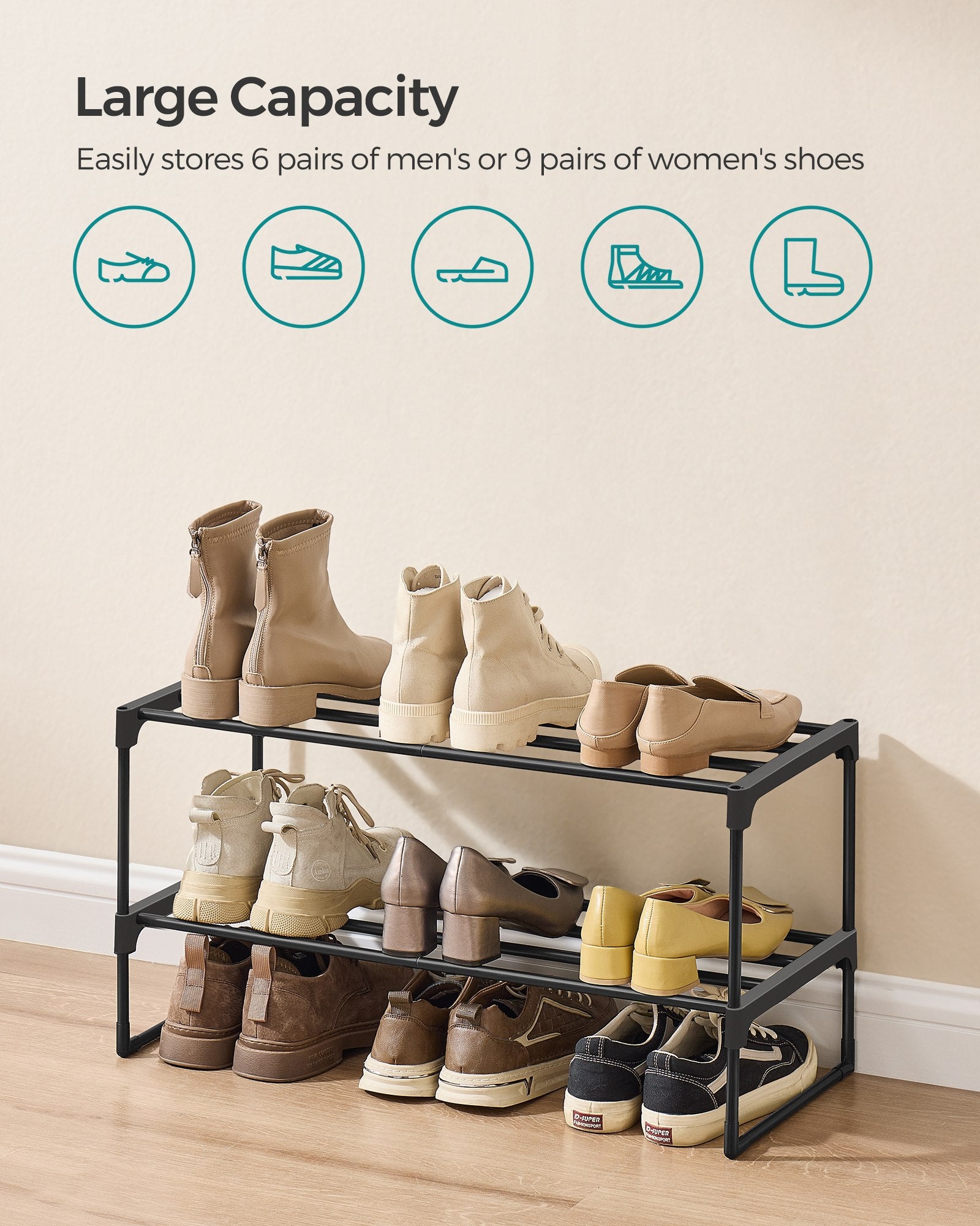 Shoe Rack 2-Tier Shoe Organizer 11.8 x 26.8 x 13.2 Inches Black