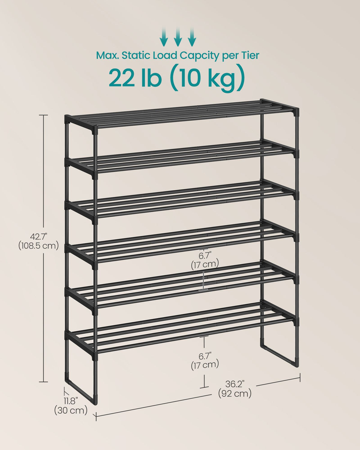 Shoe Rack - 5-Tier Shoe Organizer - Metal Storage Shelf