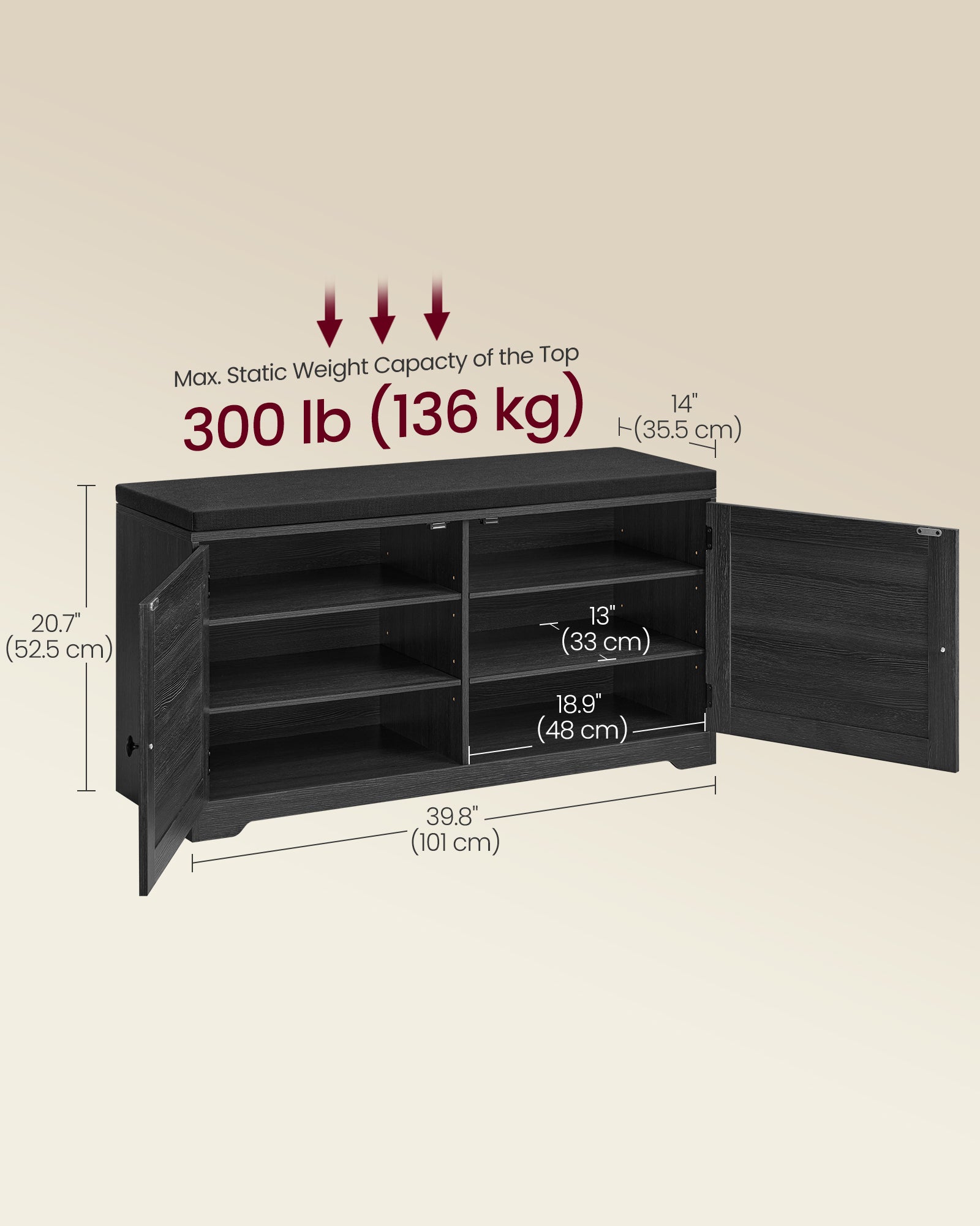 Shoe Storage Bench with Cushion - 3-Tier Entryway Bench with Padded Seat - Black
