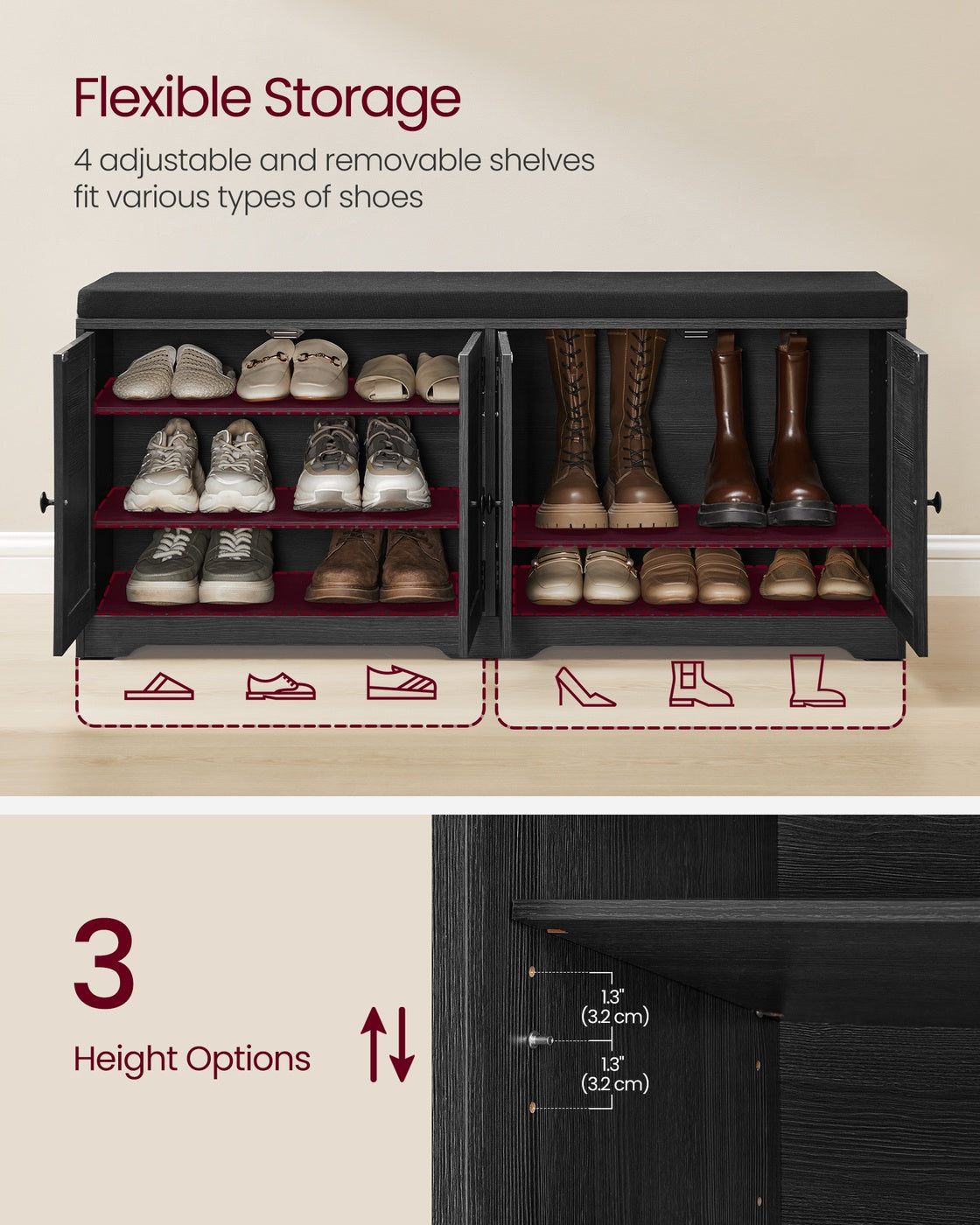 Shoe Storage Bench with Cushion - 3-Tier Entryway Bench with Padded Seat