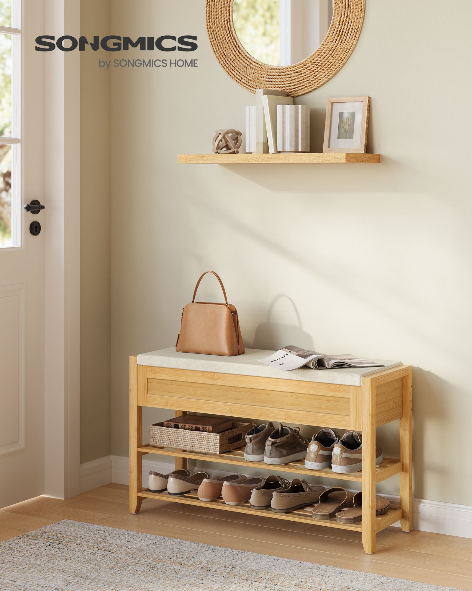 Storage Bench - Bamboo Shoe Rack - Entryway Furniture - 31.5 Inches Wide - Natural