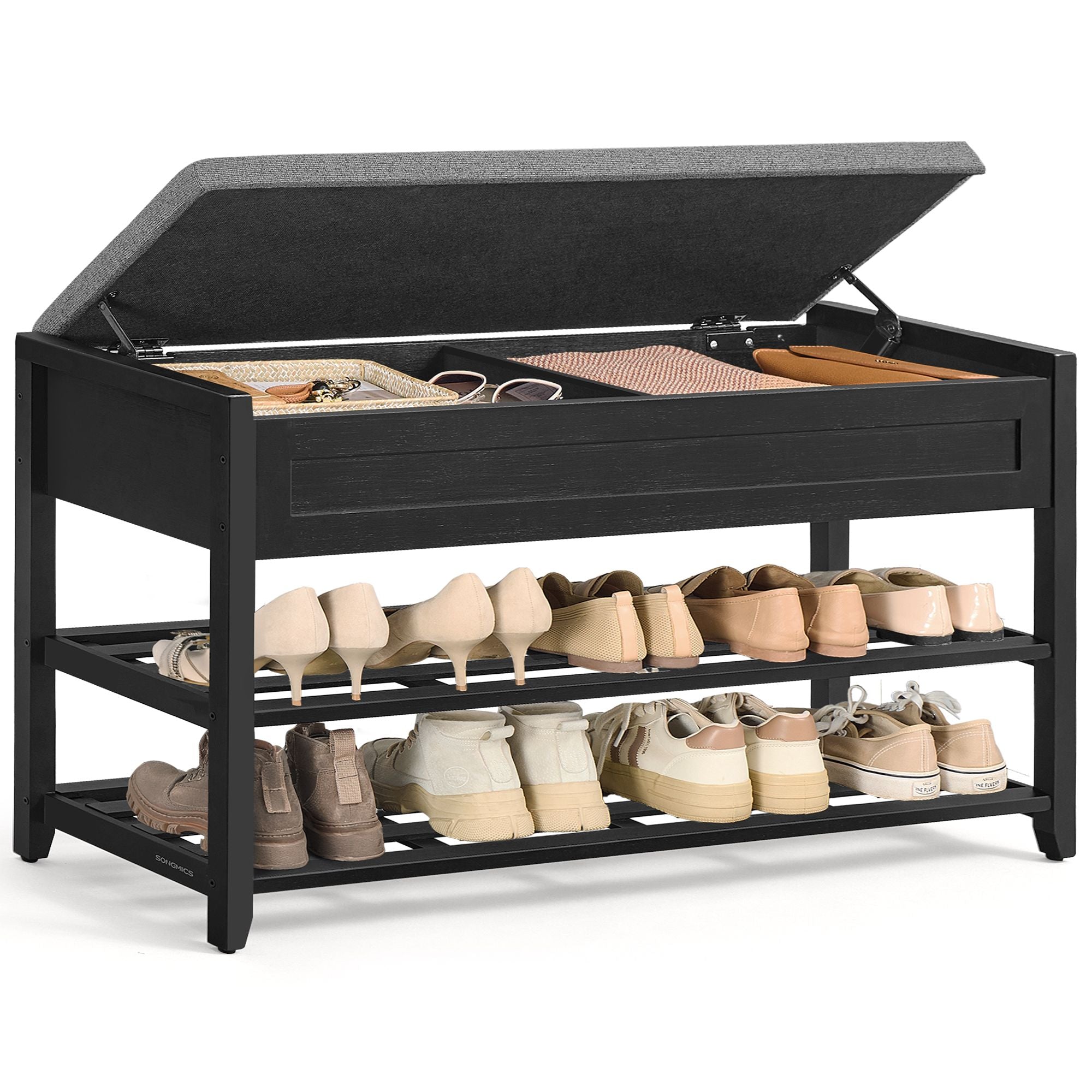Storage Bench - Bamboo Shoe Rack - Entryway Furniture - 39.4 Inches Wide - Black