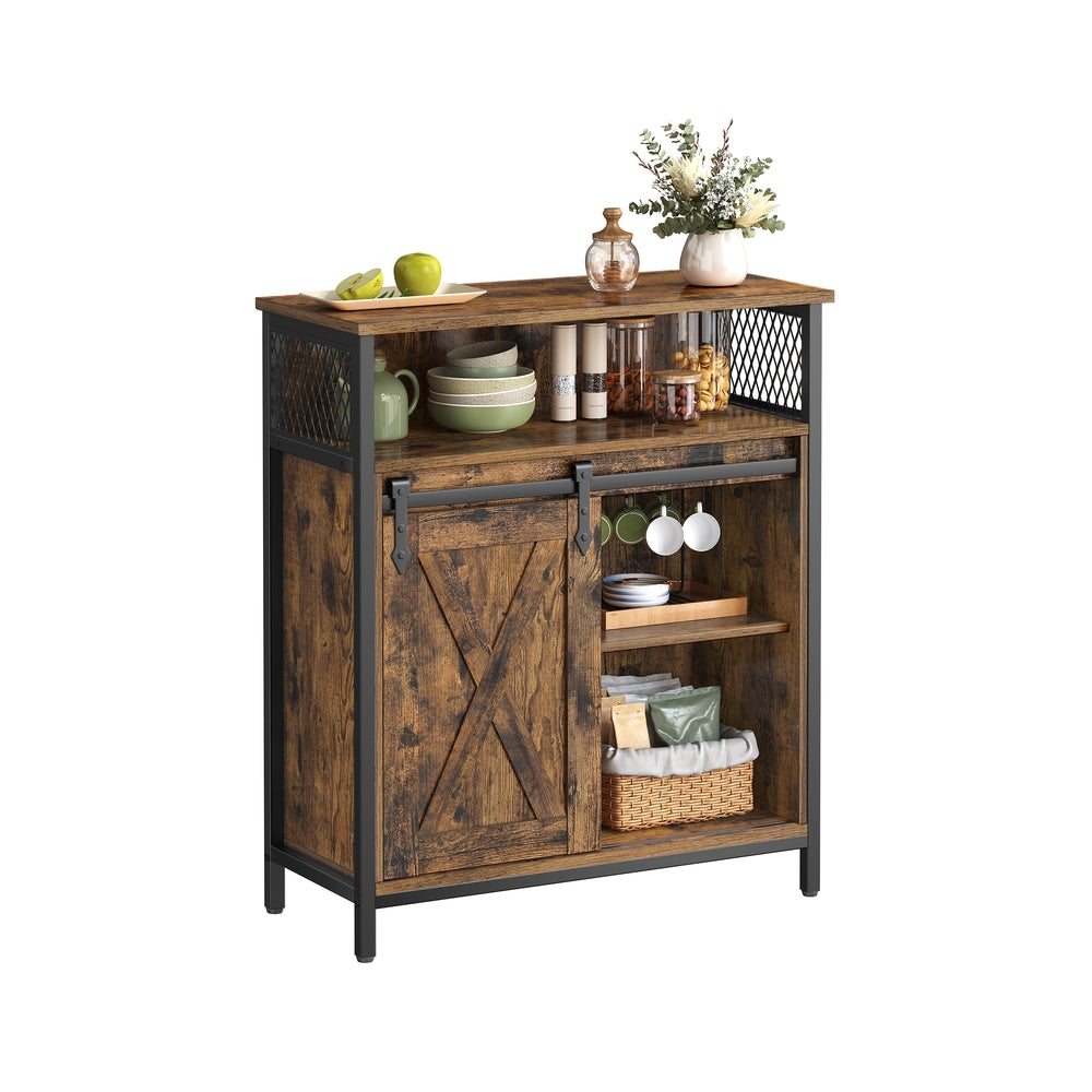 Buffet Cabinet with Open Compartment - Sliding Barn Door - Rustic Brown, Black