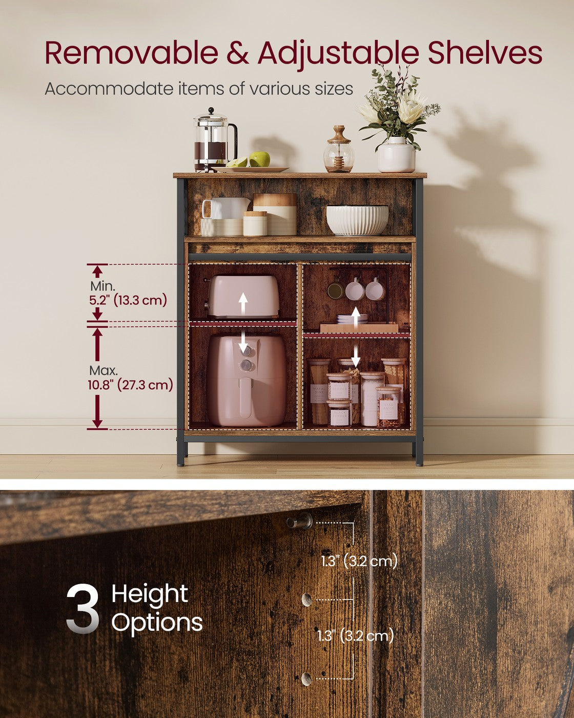 Buffet Cabinet with Open Compartment - Sliding Barn Door - Rustic Brown, Black
